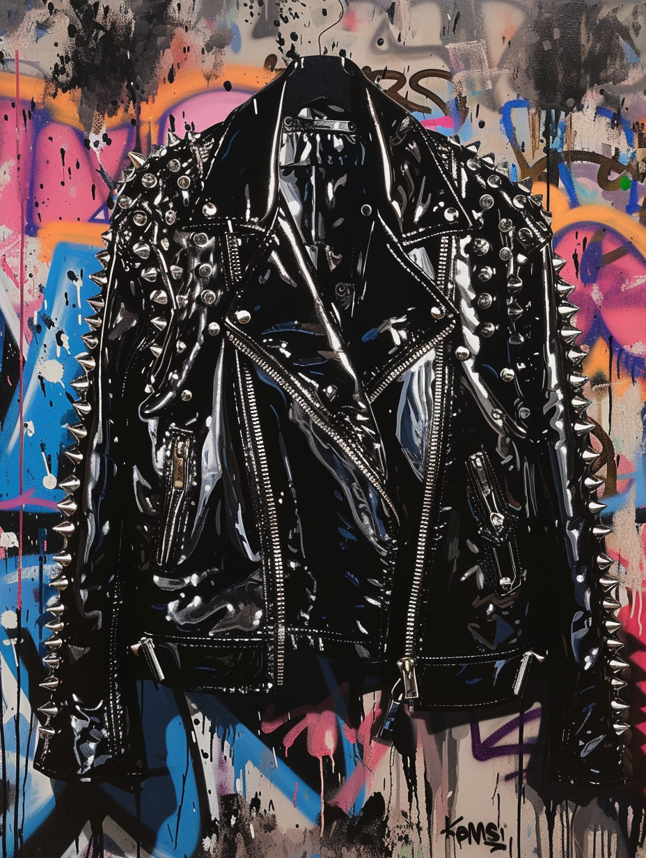 A shiny black leather jacket with silver studs and large lapels, painted over a graffiti-strewn urban backdrop, embodying an edgy vibe