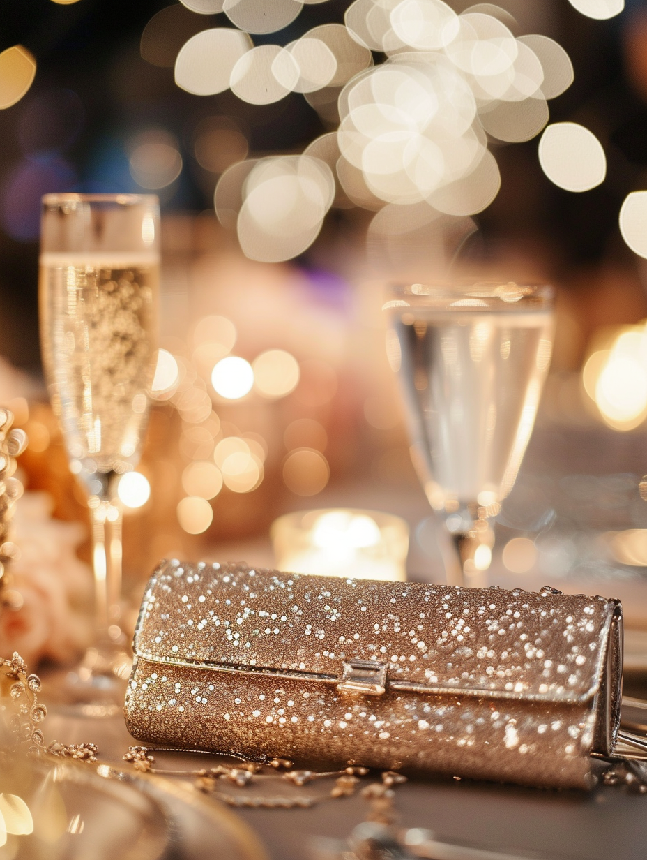 A silver sequin clutch on a table at a night party