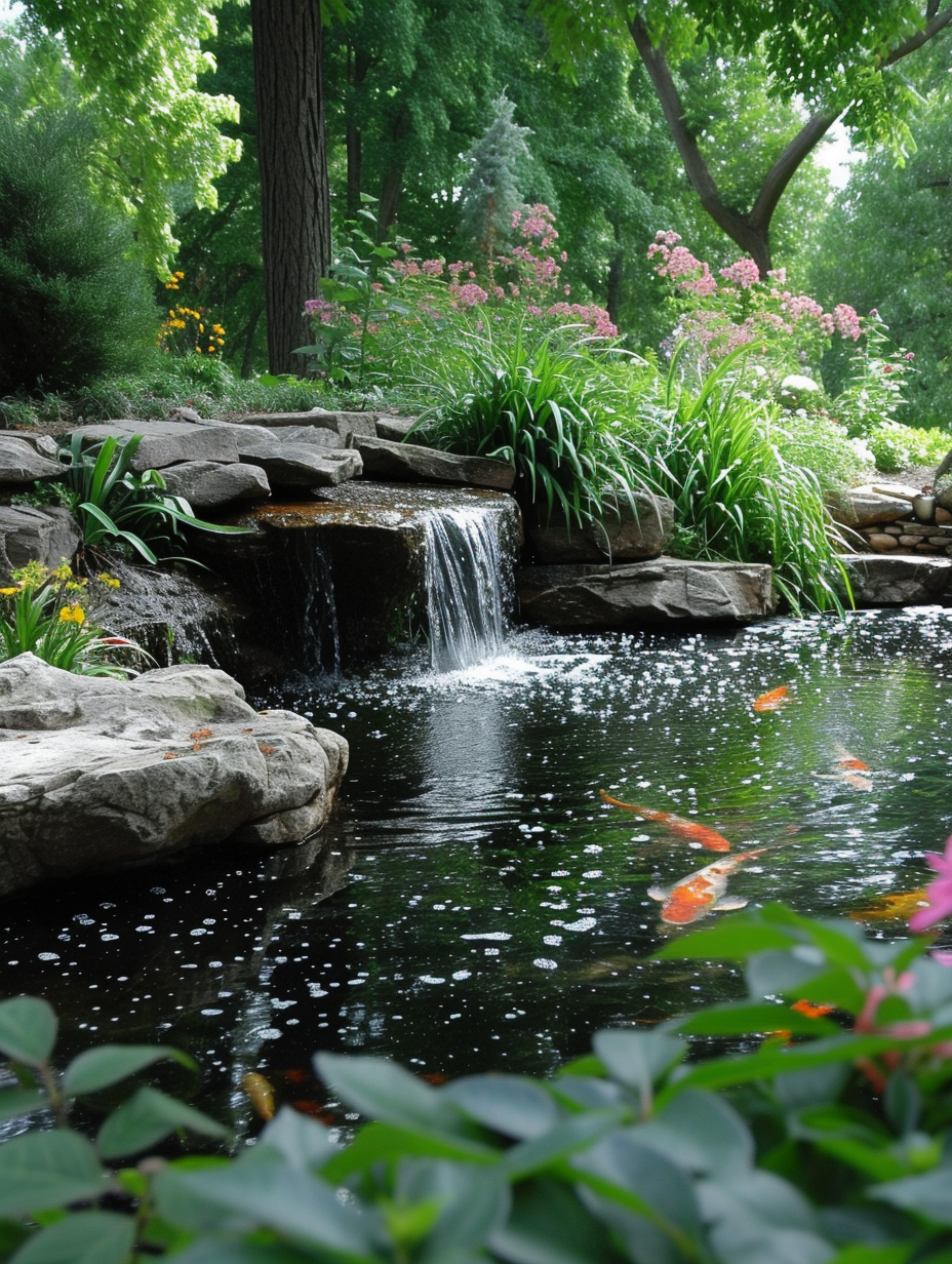 A small koi pond with waterfall in a serene corner of a garden