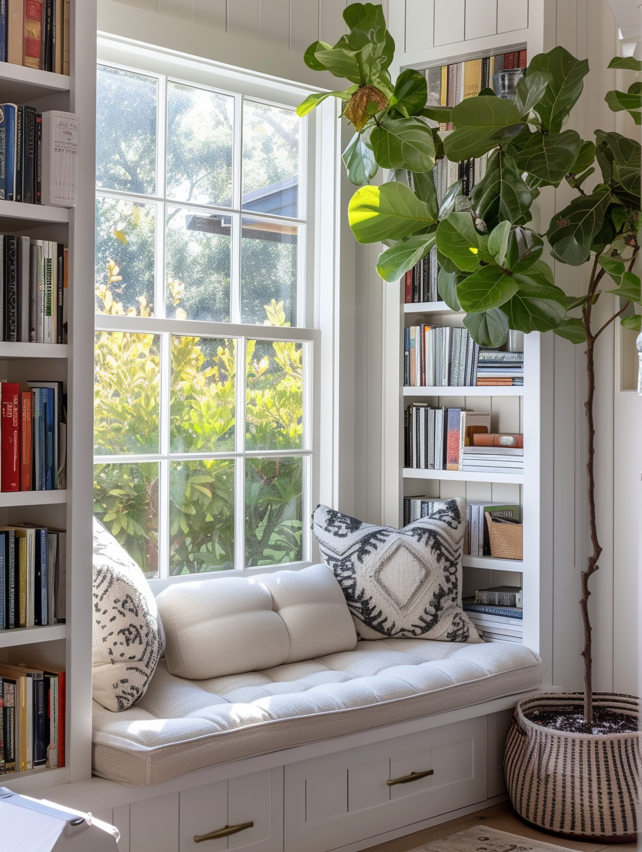 A small reading nook with a large, pillowed window seat, bookshelves filled with books, and a fiddle leaf fig soaking up the sunshine