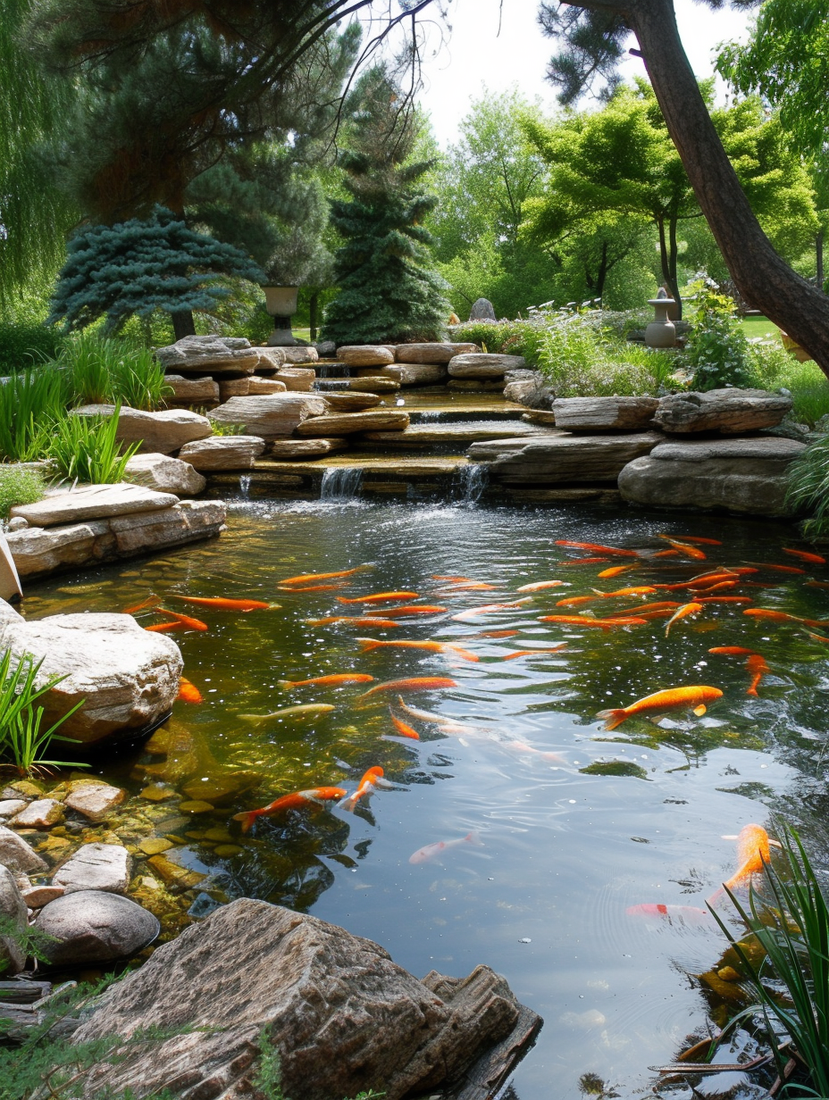 A soothing, large koi pond surrounded by a rock garden