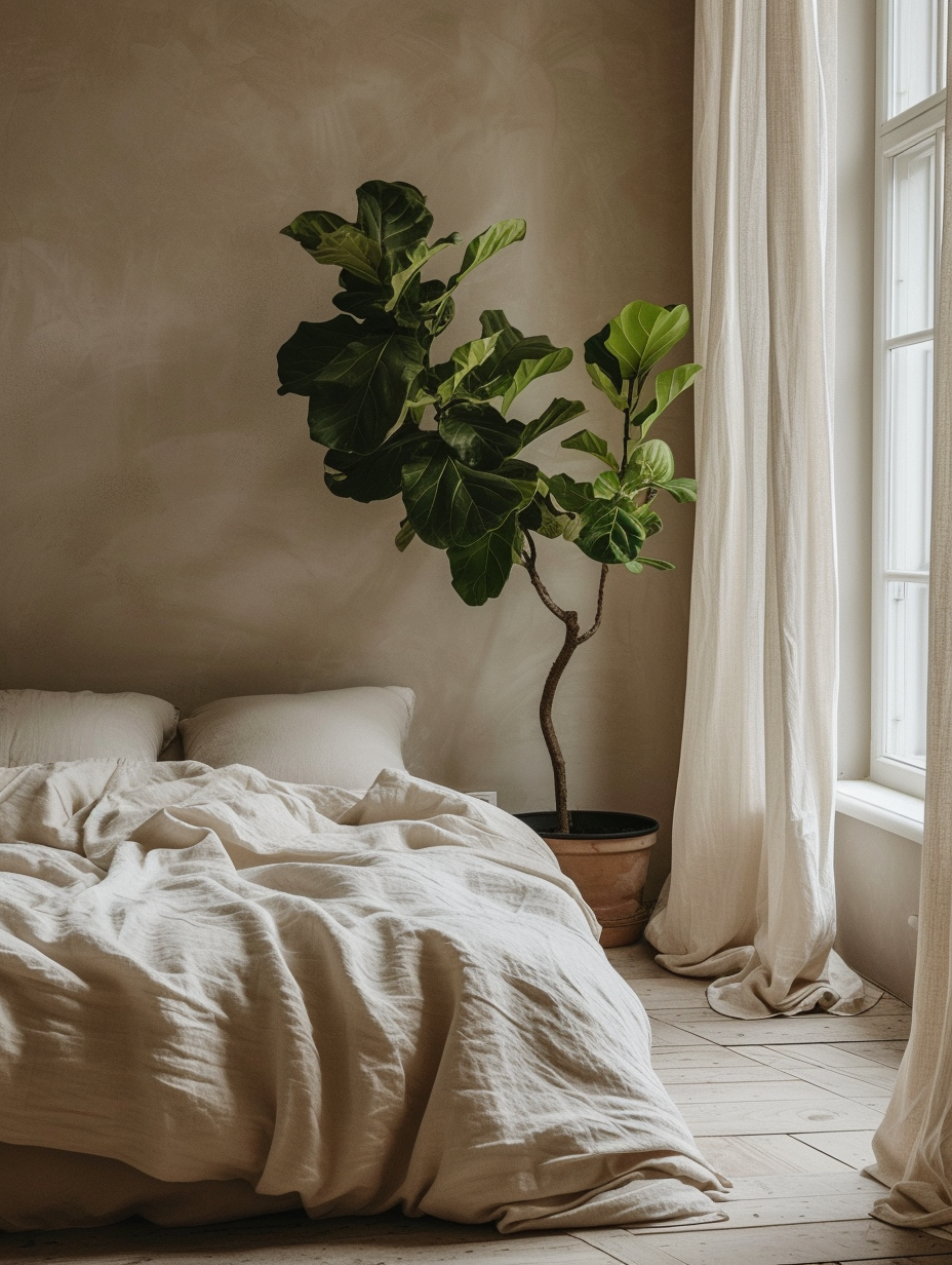 A spacious bedroom with neutral tones, an unmade bed and a mature fiddle leaf fig beside the light filtering curtains
