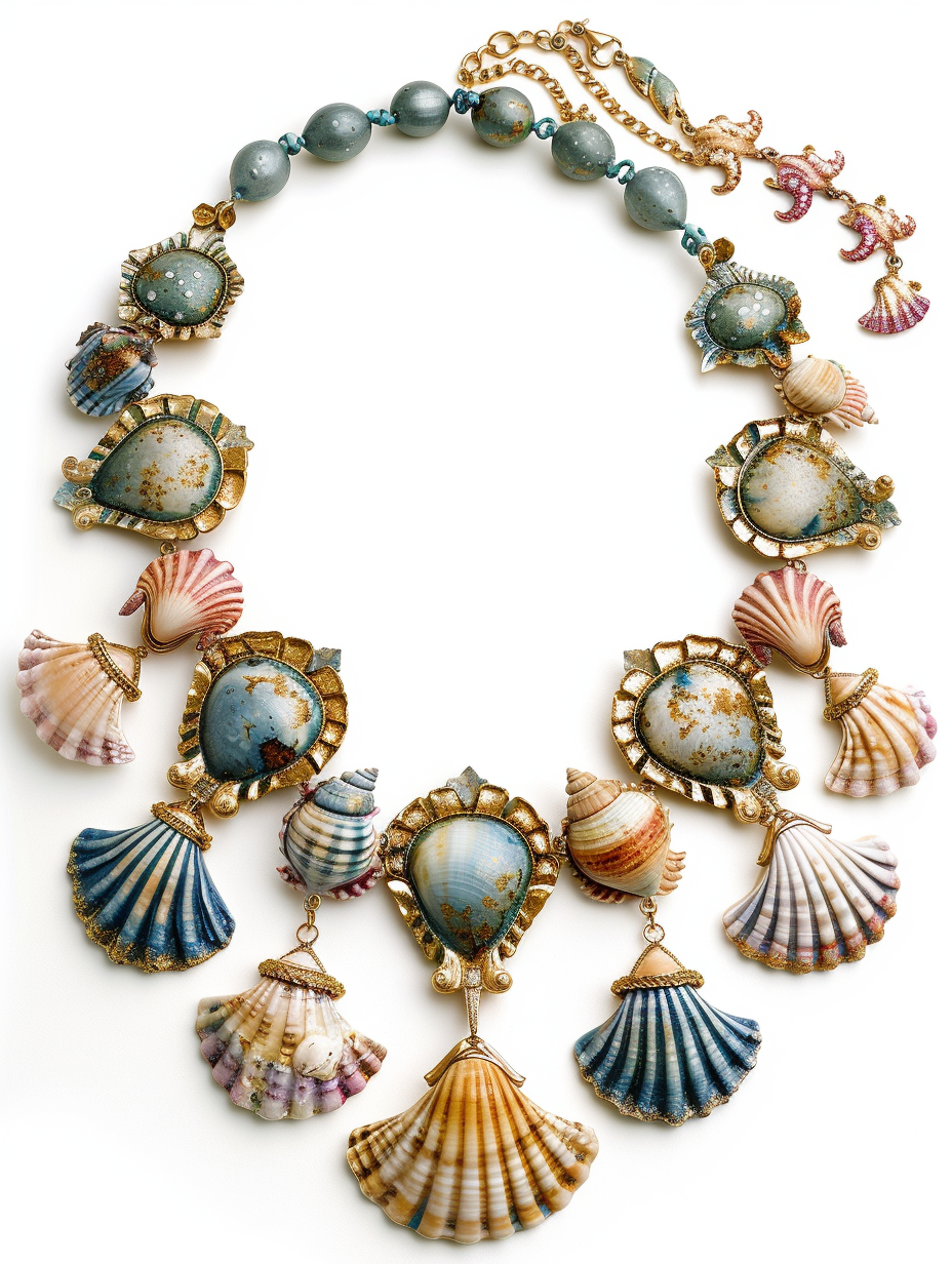 A statement necklace with seashell pendants