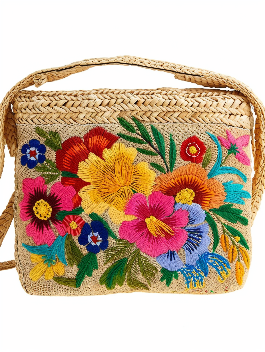 A straw clutch with floral embroidery for night out