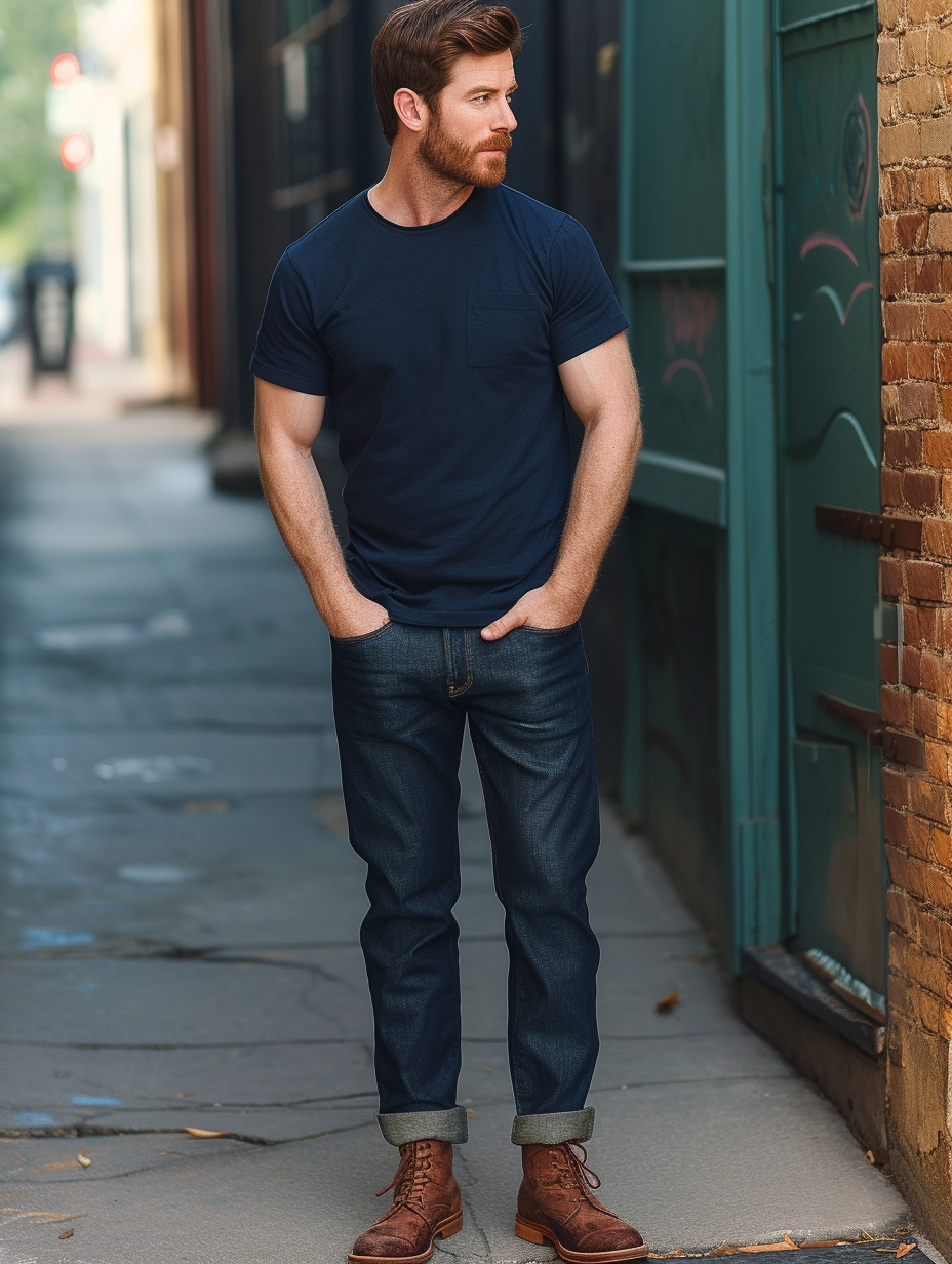 A stylish man showcasing a casual outfit comprised of ethical denim jeans, an organic cotton t-shirt, and bamboo fiber shoes