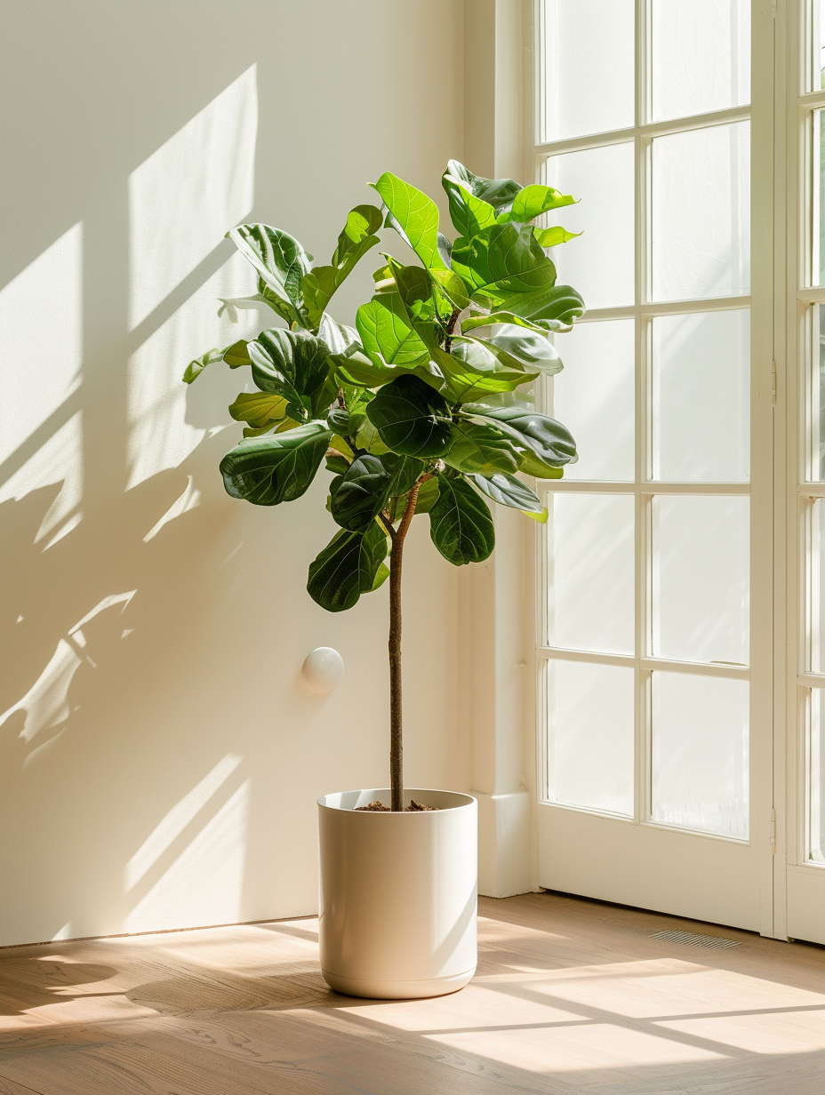 A sunlit room with a large fiddle leaf fig tree in a white ceramic pot, nestled in an open corner with soft pastel colors