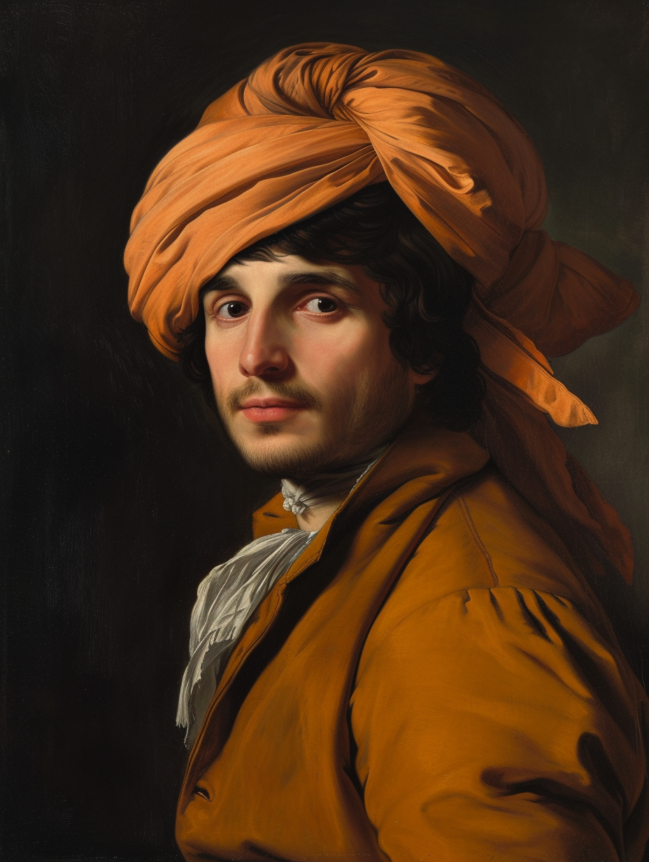 A tall man with a silk scarf as a breezy, fashionable turban