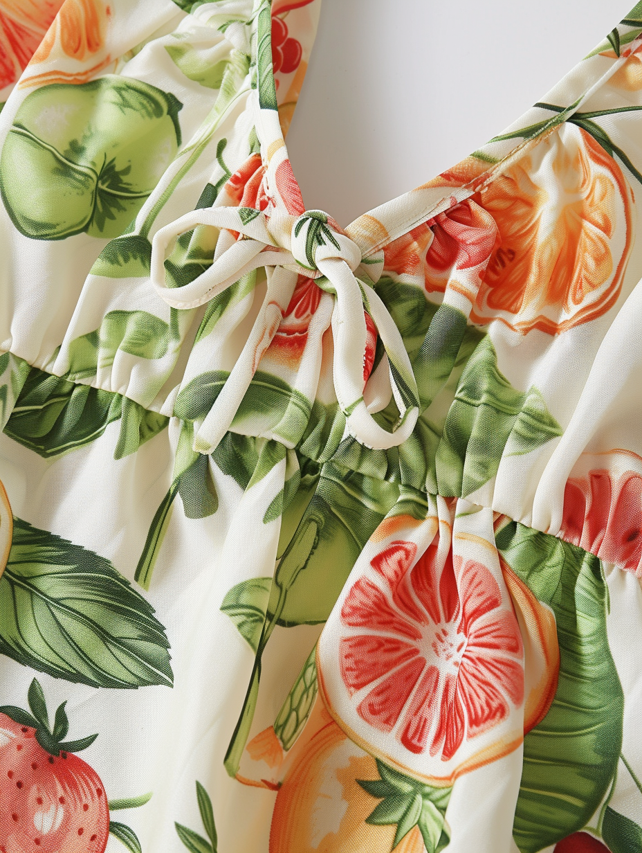 A tie-waist romper in tropical fruit print