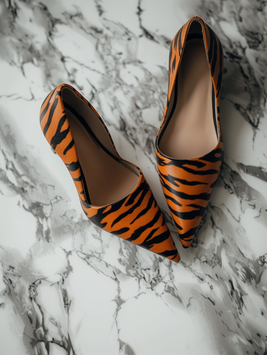 A tiger print high heels against a marble surface