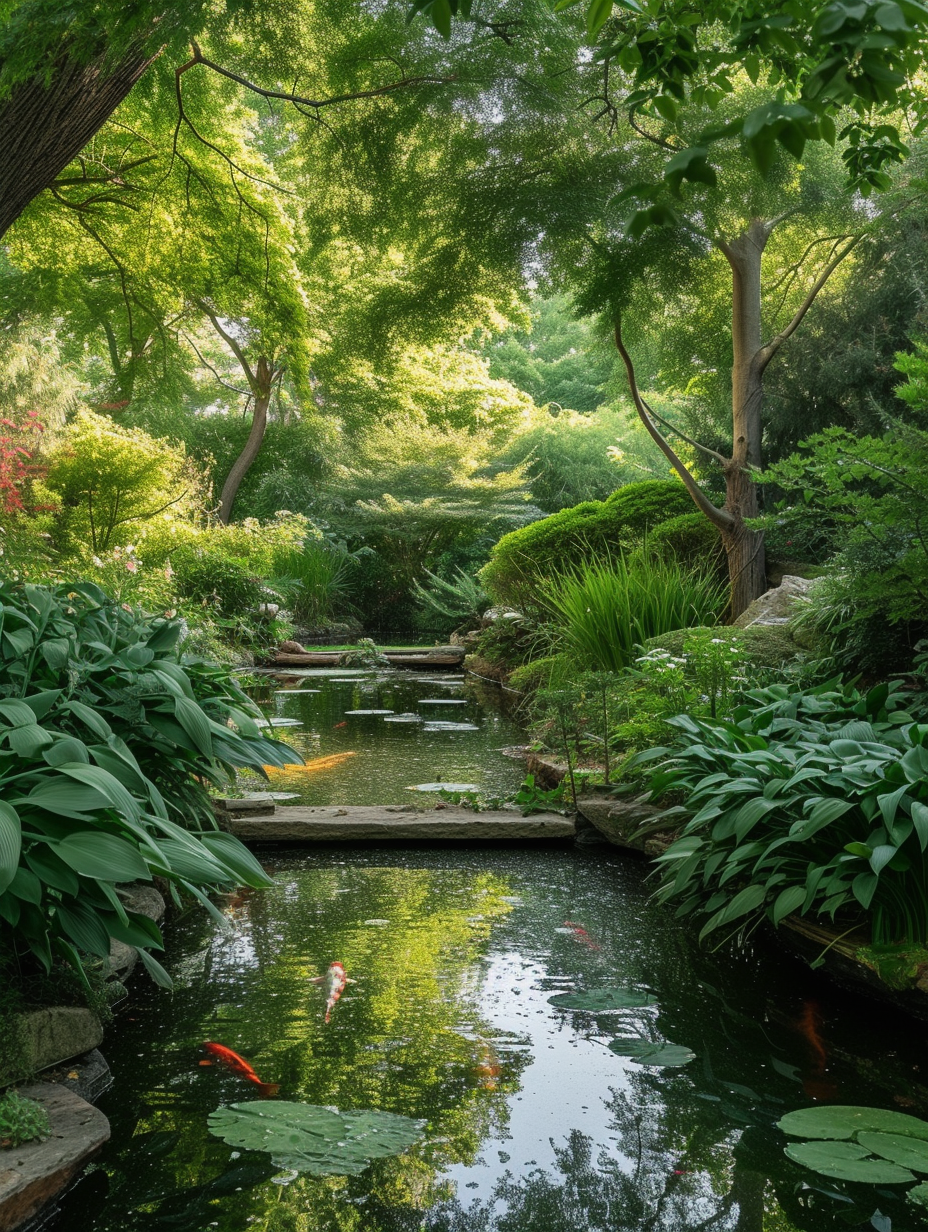 A tranquil koi pond winding through a lush green garden