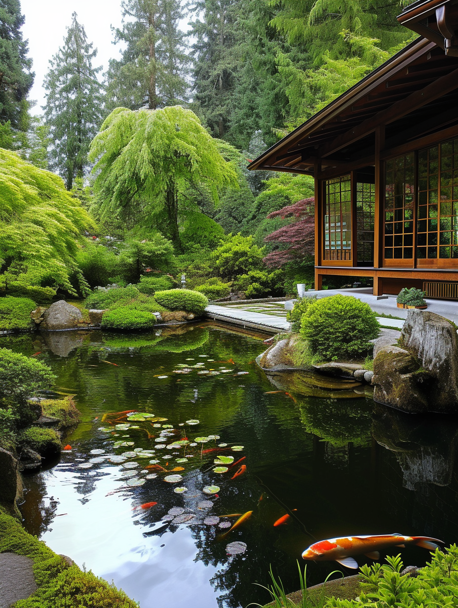 A tranquil water garden with a Koi pond and traditional tea house
