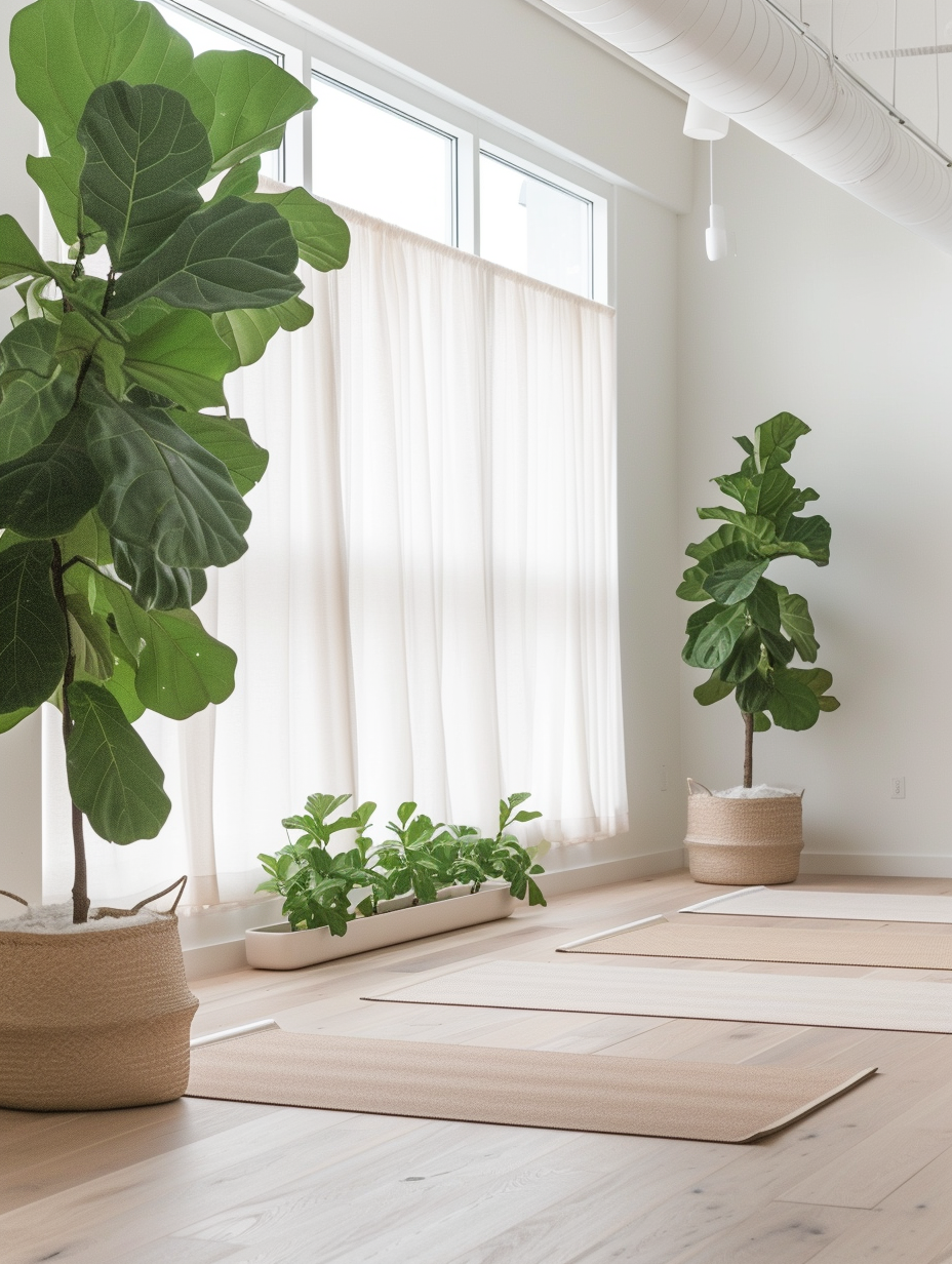 A tranquil yoga studio space with light wooden floors, white walls, fiddle leaf fig plants in the corner, yoga mats, and soft natural lightning.