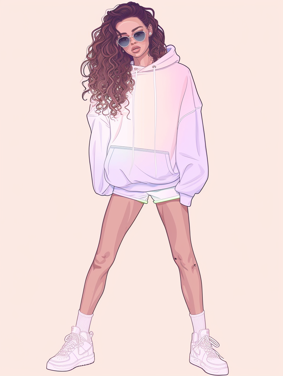 A trendy daily athleisure outfit featuring white sneakers, bicycle shorts, and an oversized pastel hoodie --ar 3:4