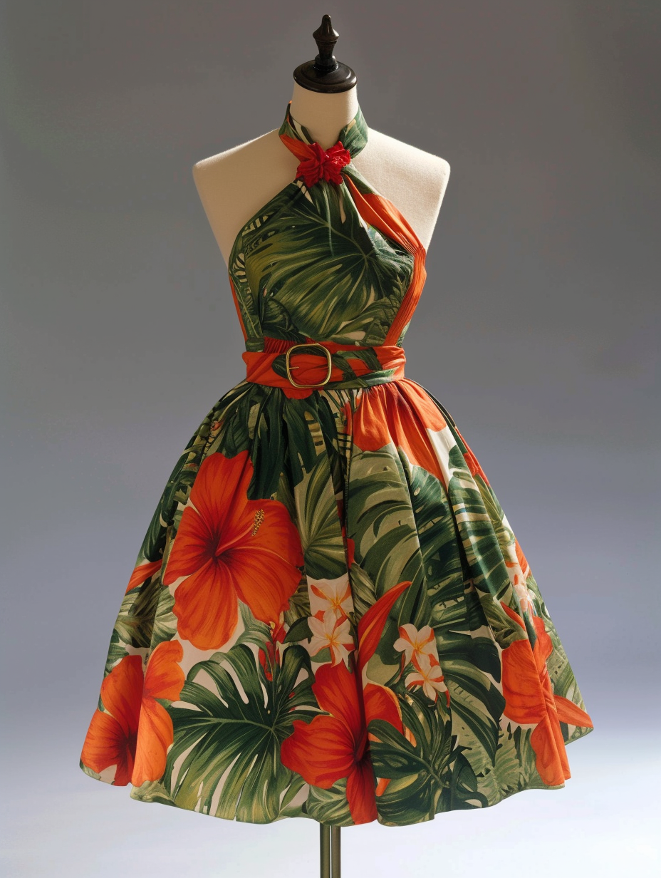 A tropical-themed halter dress with a hibiscus pattern.
