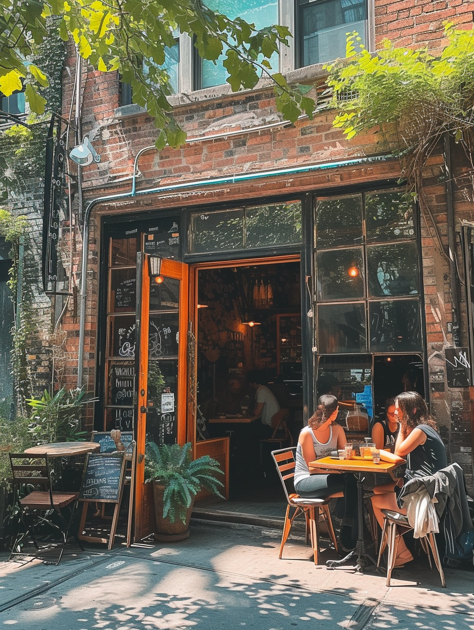 A unique hidden gem coffee shop in the heart of New York city with a rustic aesthetic on a summer afternoon