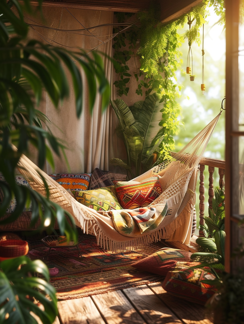 A vibrant Bohemian balcony with a cozy hammock, scattered cushions, and tropical plants, bathed in warm golden sunlight. --ar 3:4