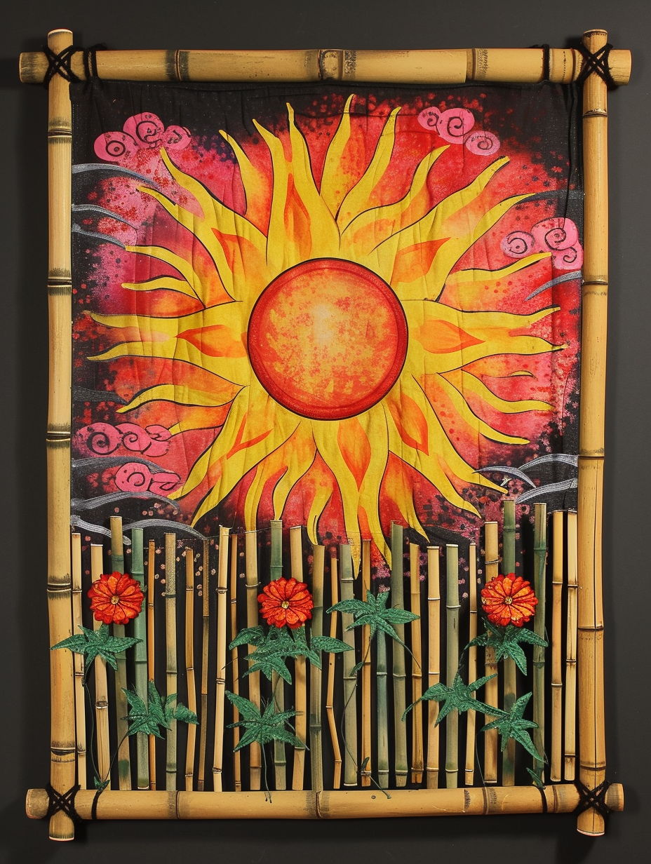 A vibrant Zen-inspired bamboo wall hanging depicting a rising sun