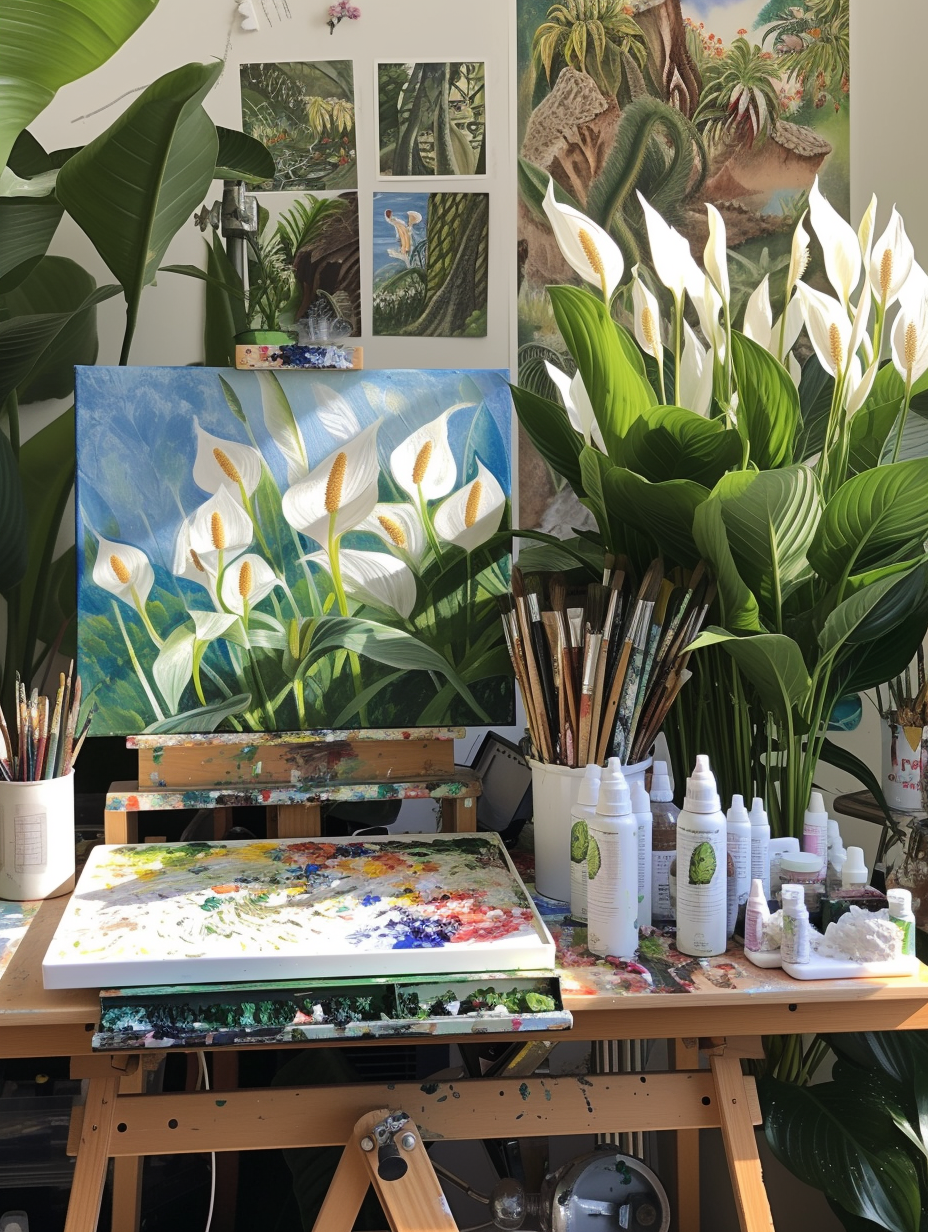 A vibrant artist's workspace featuring an abundance of peace lilies providing a calming atmosphere