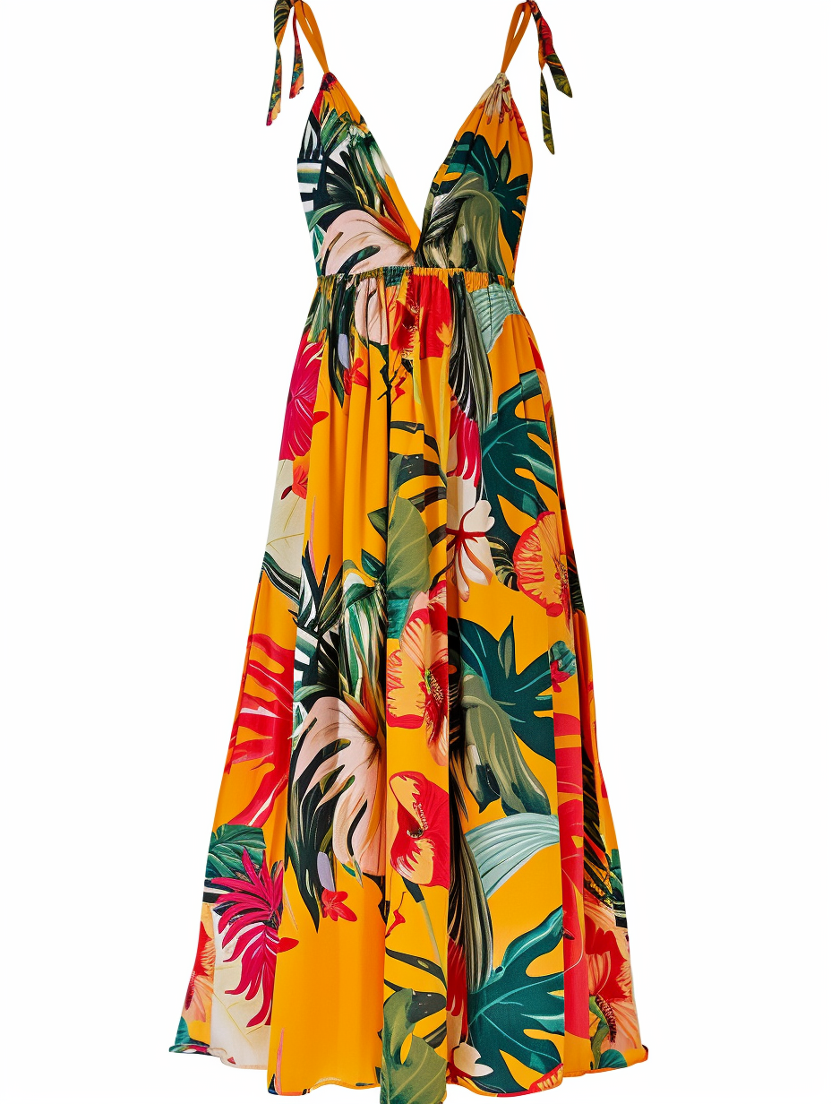 A vibrant maxi dress with a tropical print for lounging by the beach