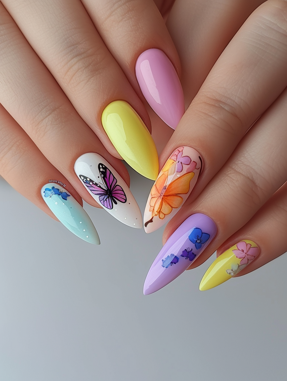 A vibrant set of spring nail designs with butterfly motifs and delicate pastels