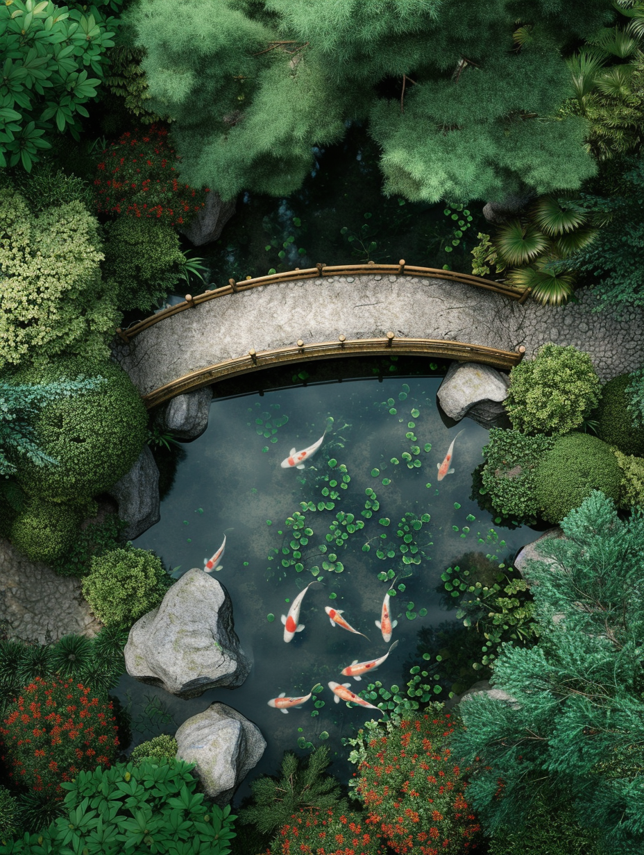 A view from above of a peaceful koi pond with a stone bridge