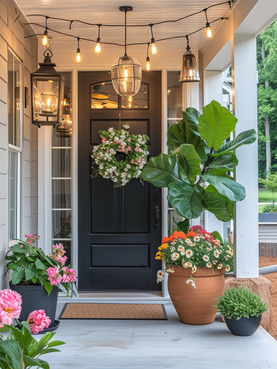A welcoming front porch decorated with hanging lights, vibrant flowers, and a tall fiddle leaf fig in a terracotta pot