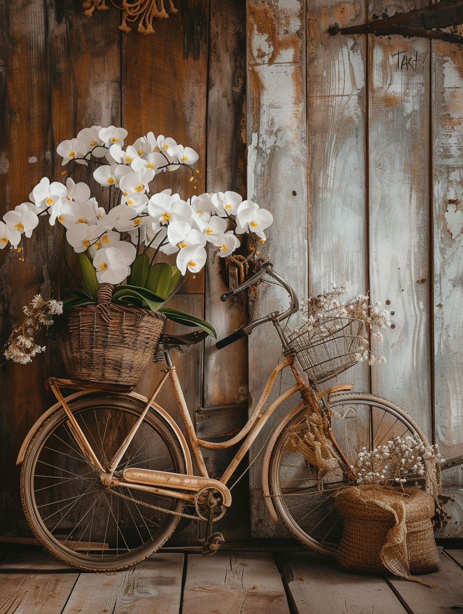 A white orchid adorned vintage bicycle in a rustic setting