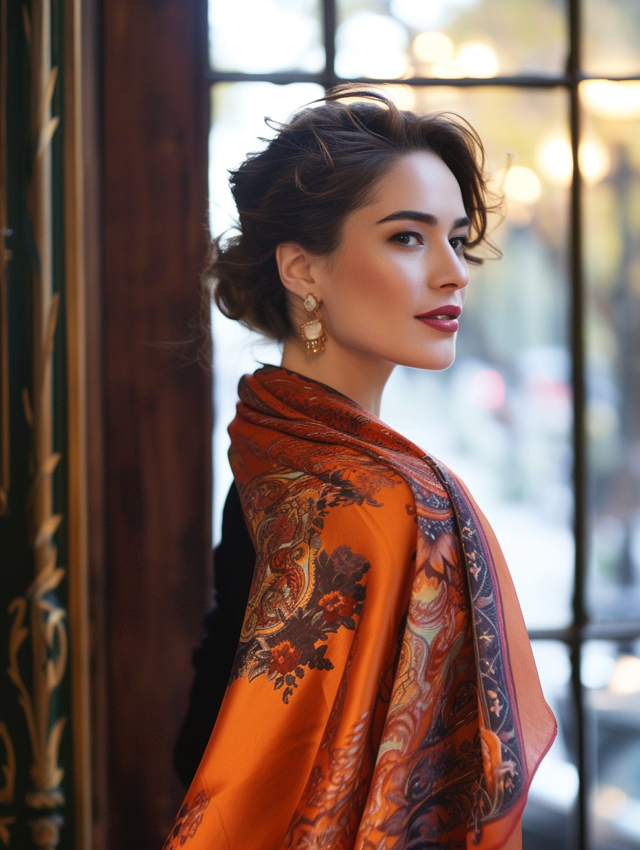 A woman at a high-end event with a silk scarf used as an elegant shawl