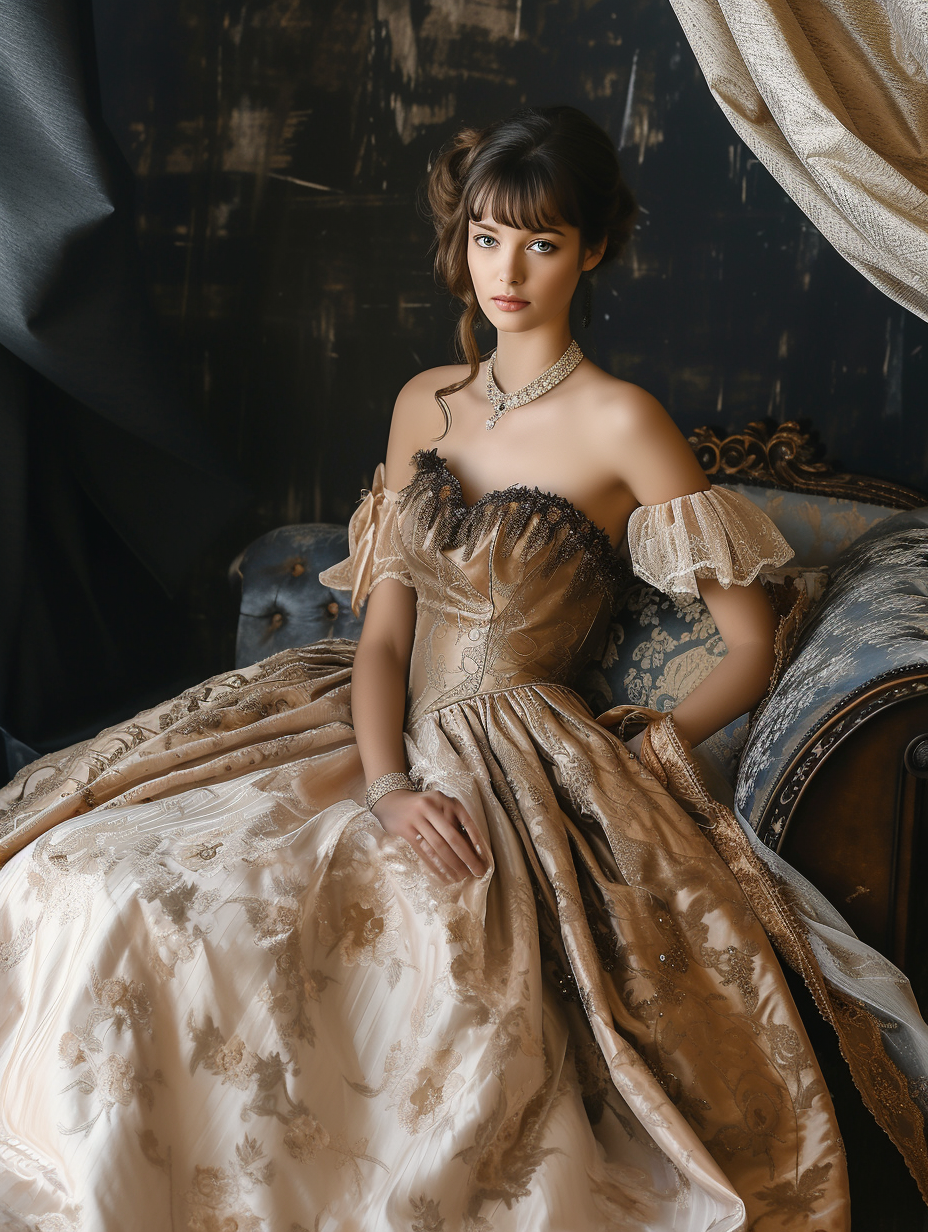 A woman dressed in an evening gown reminiscent of the romantic Regency era