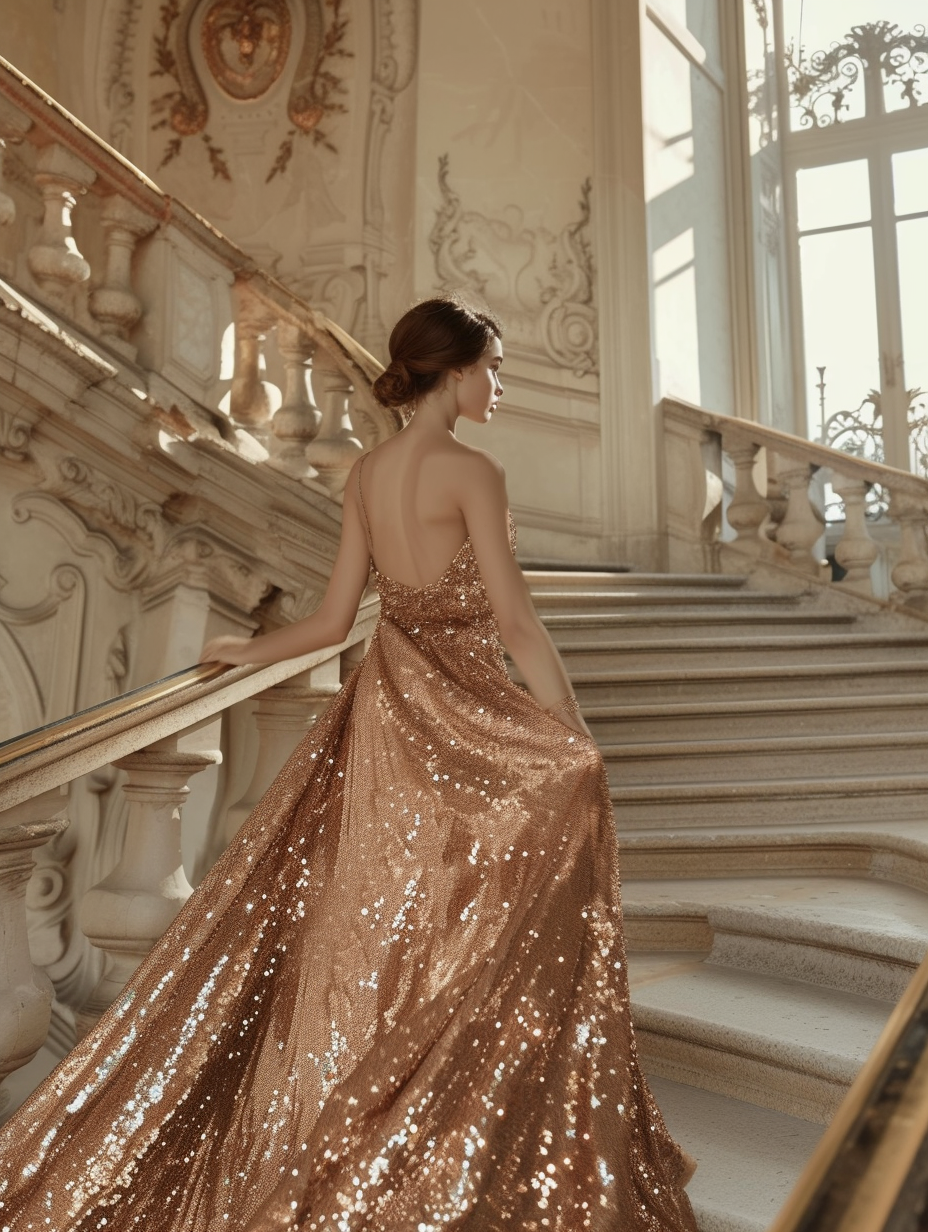 A woman in a rose gold sequin dress walking up a staircase