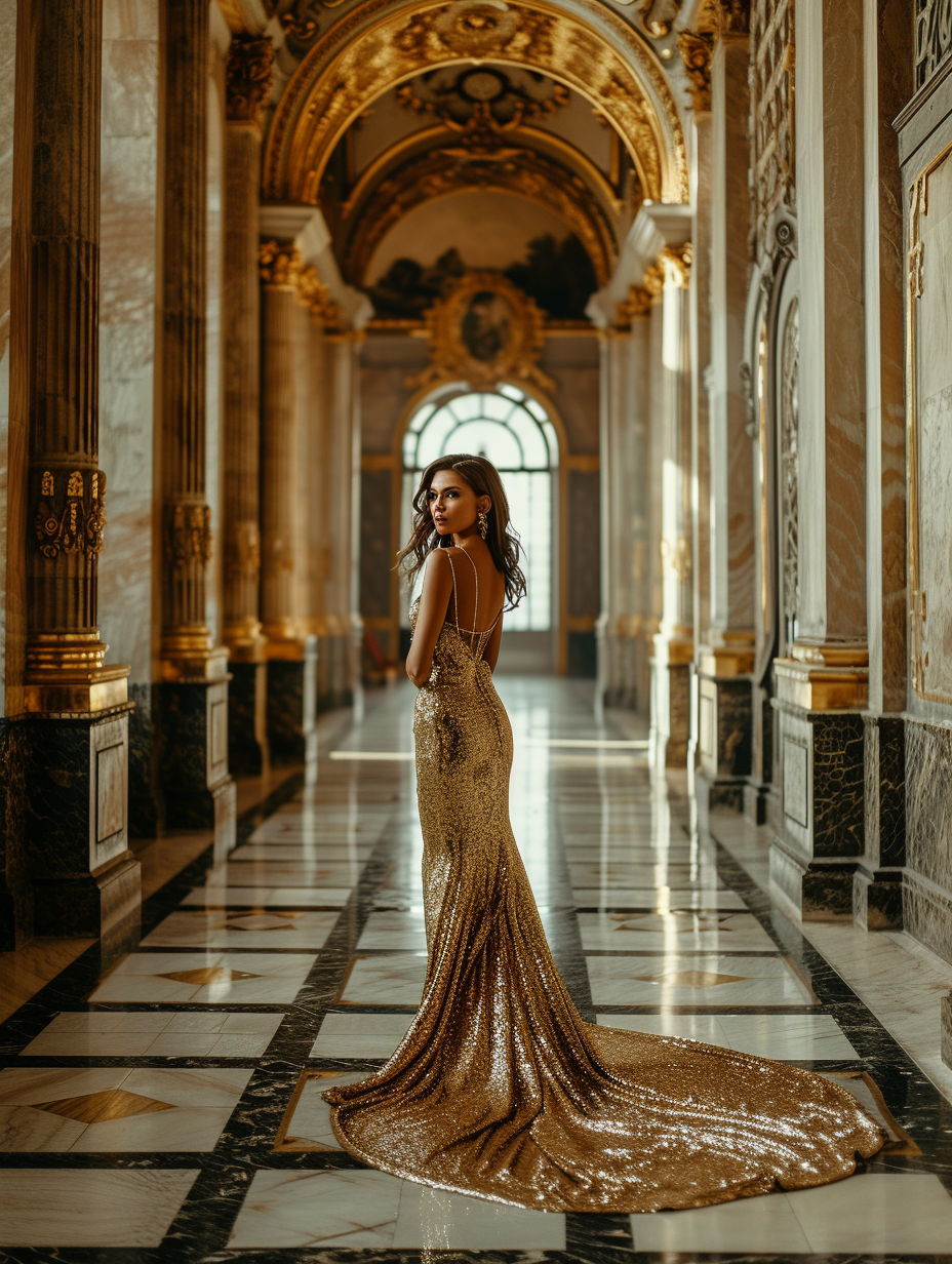 A woman in a sequin gold gown standing in a grand hall