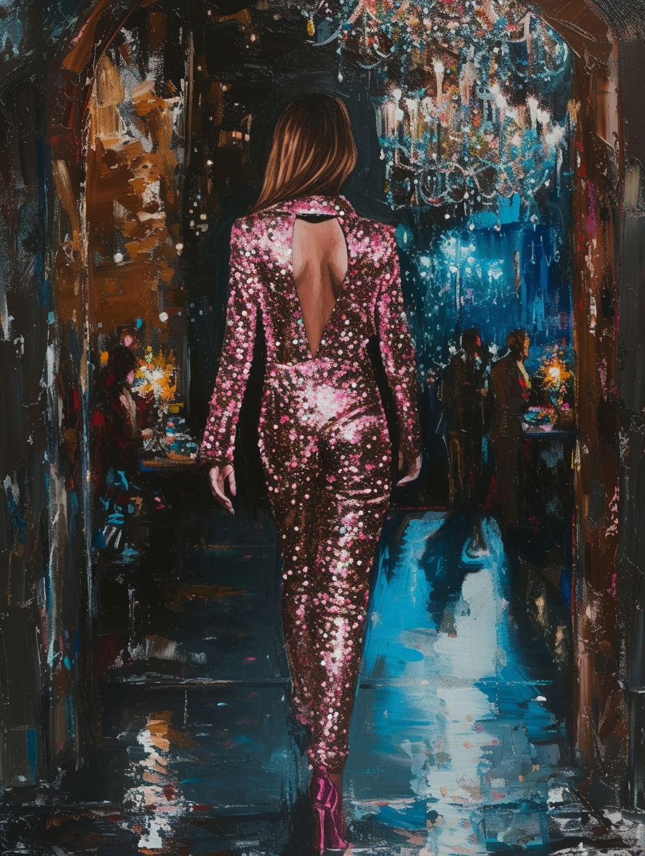 A woman in a sequin suit walking into a charity auction
