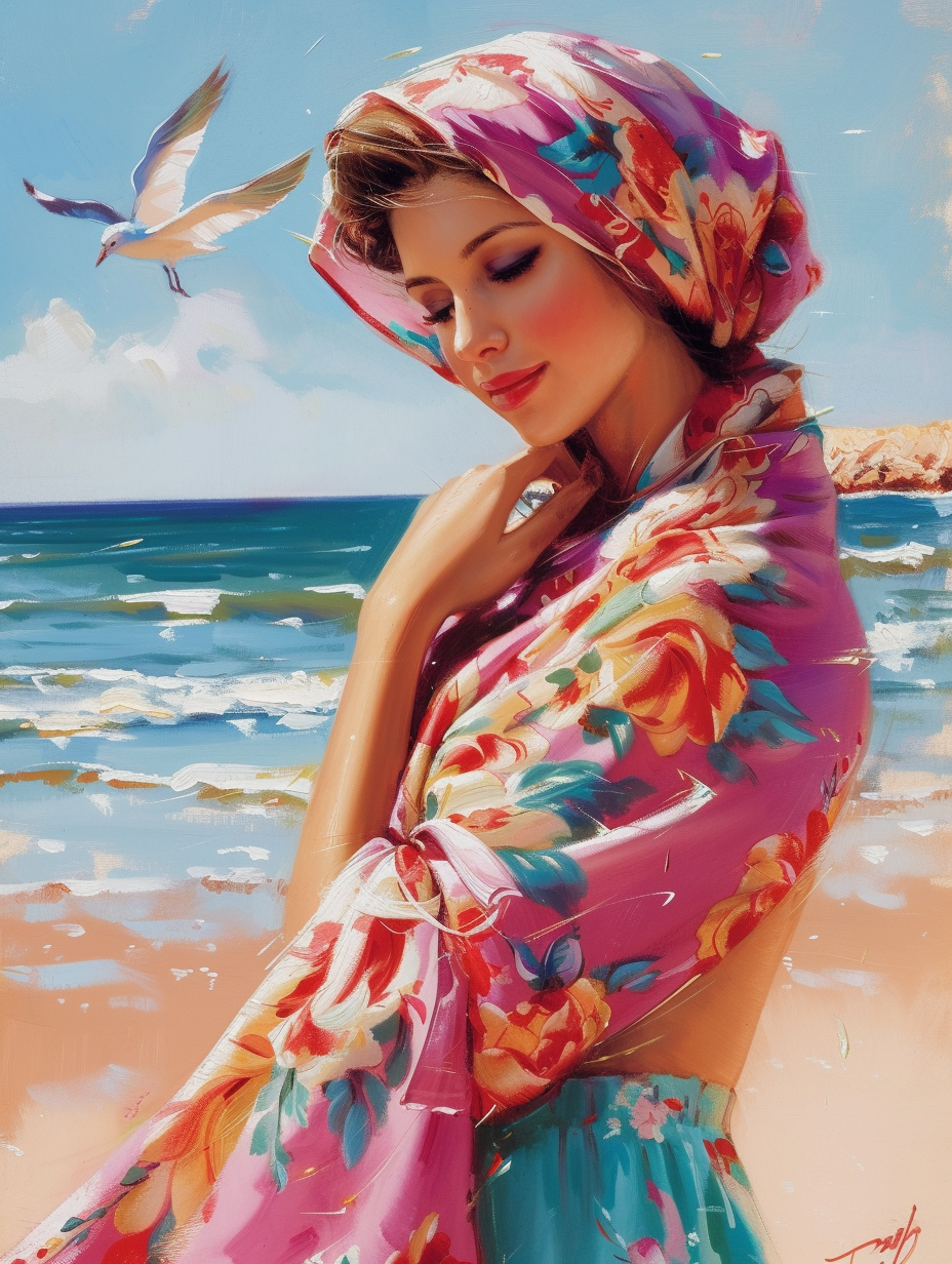 A woman on the beach wearing a silk scarf as a sarong