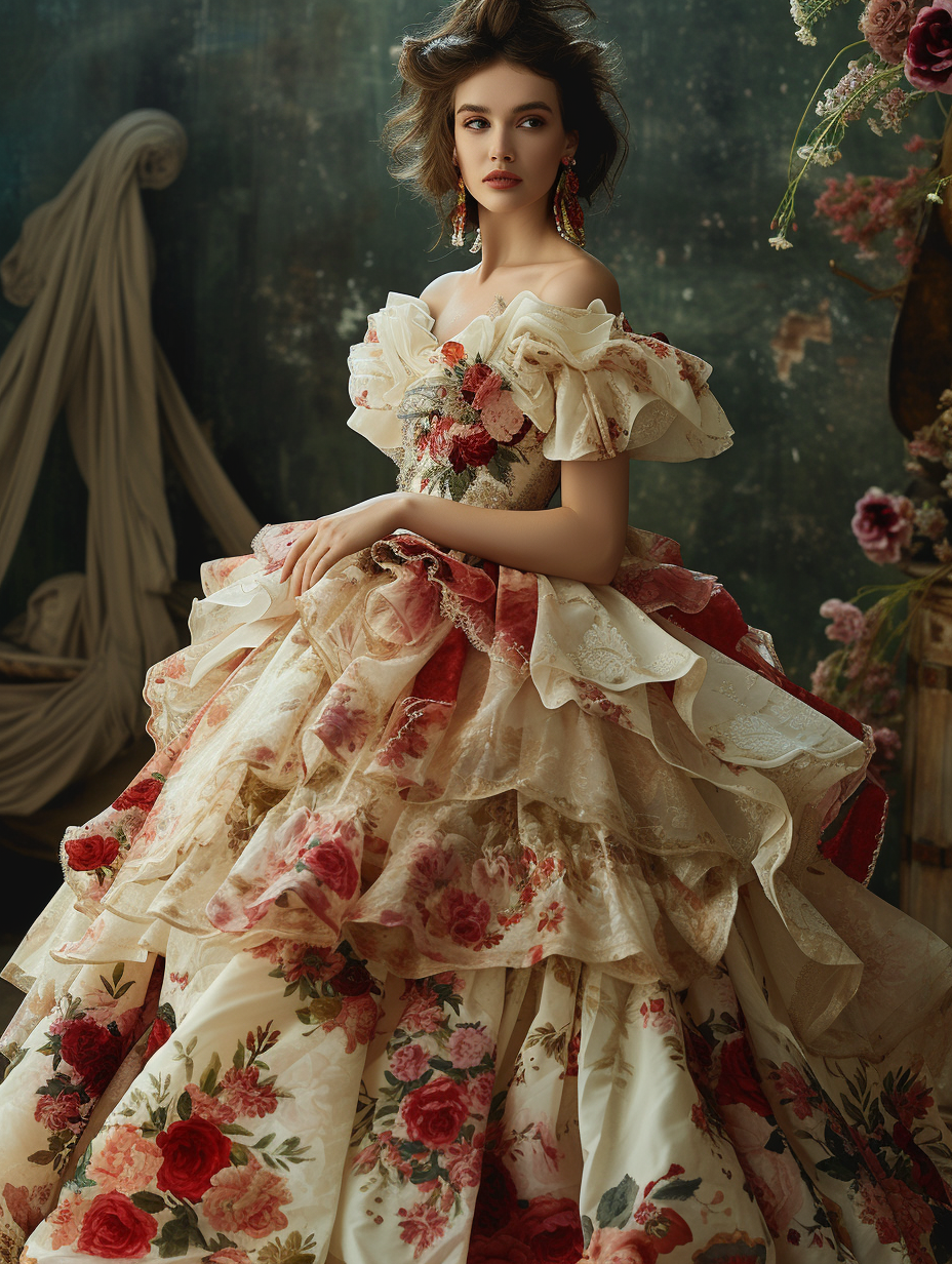 A woman posing in an extravagant romantic ball gown inspired by the French romanticism