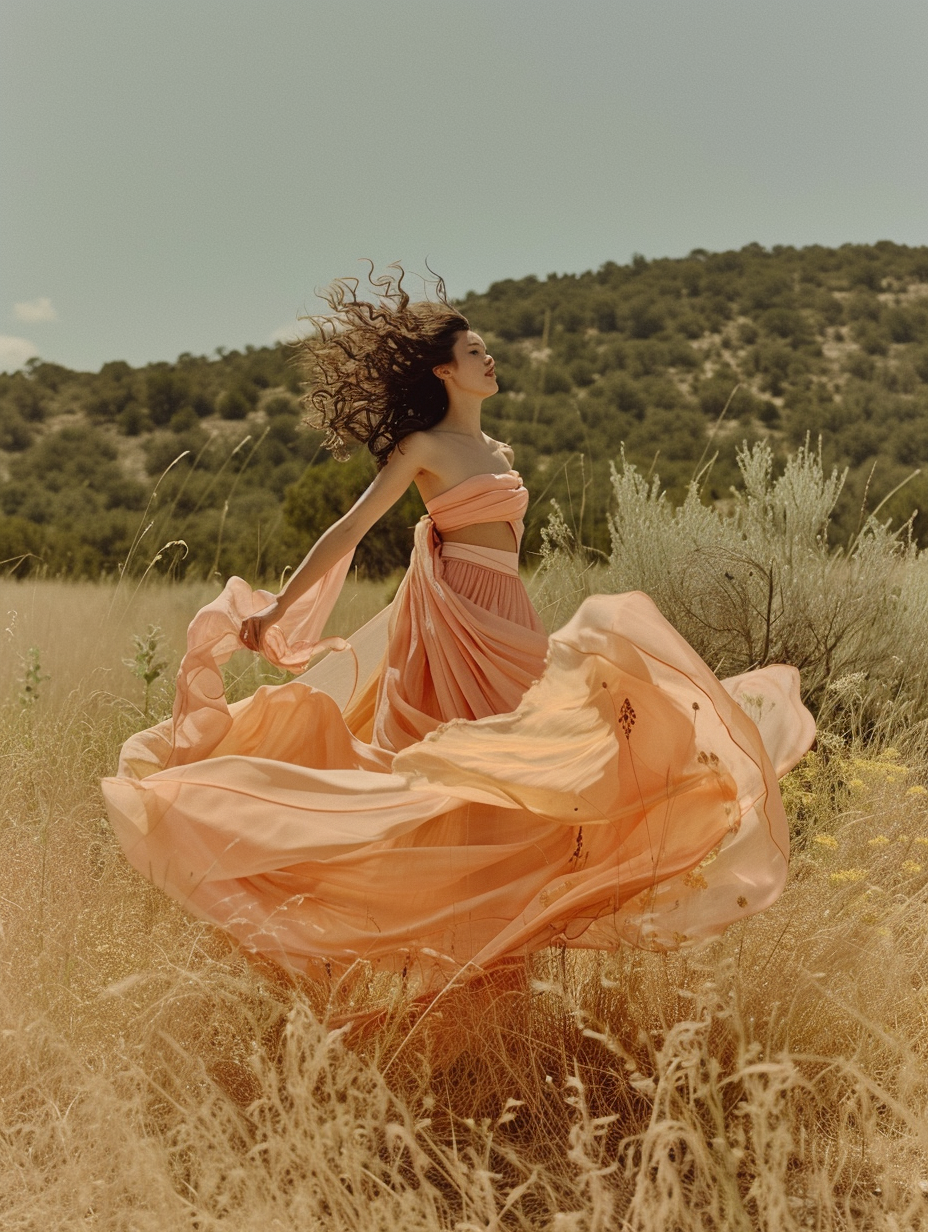 A woman twirling with a large silk scarf styled as a knotted skirt in a summer setting