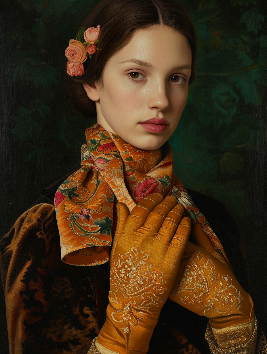 A woman wearing a silk scarf as an elegant glove
