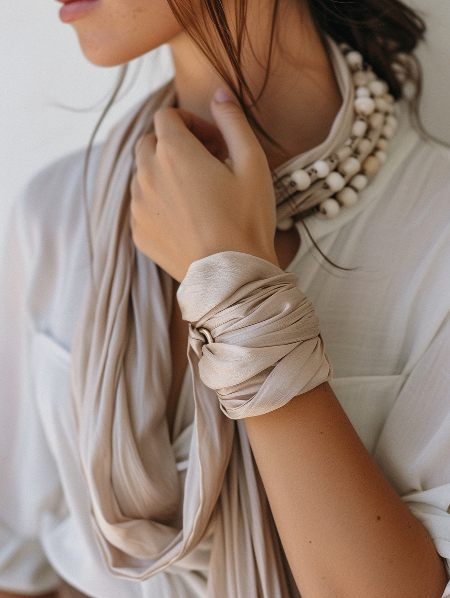 A woman wearing a silk scarf wrapped around her wrist like a cuff bracelet