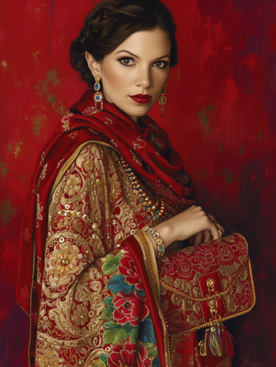 A woman with a silk scarf elegantly hung over her shoulder purse