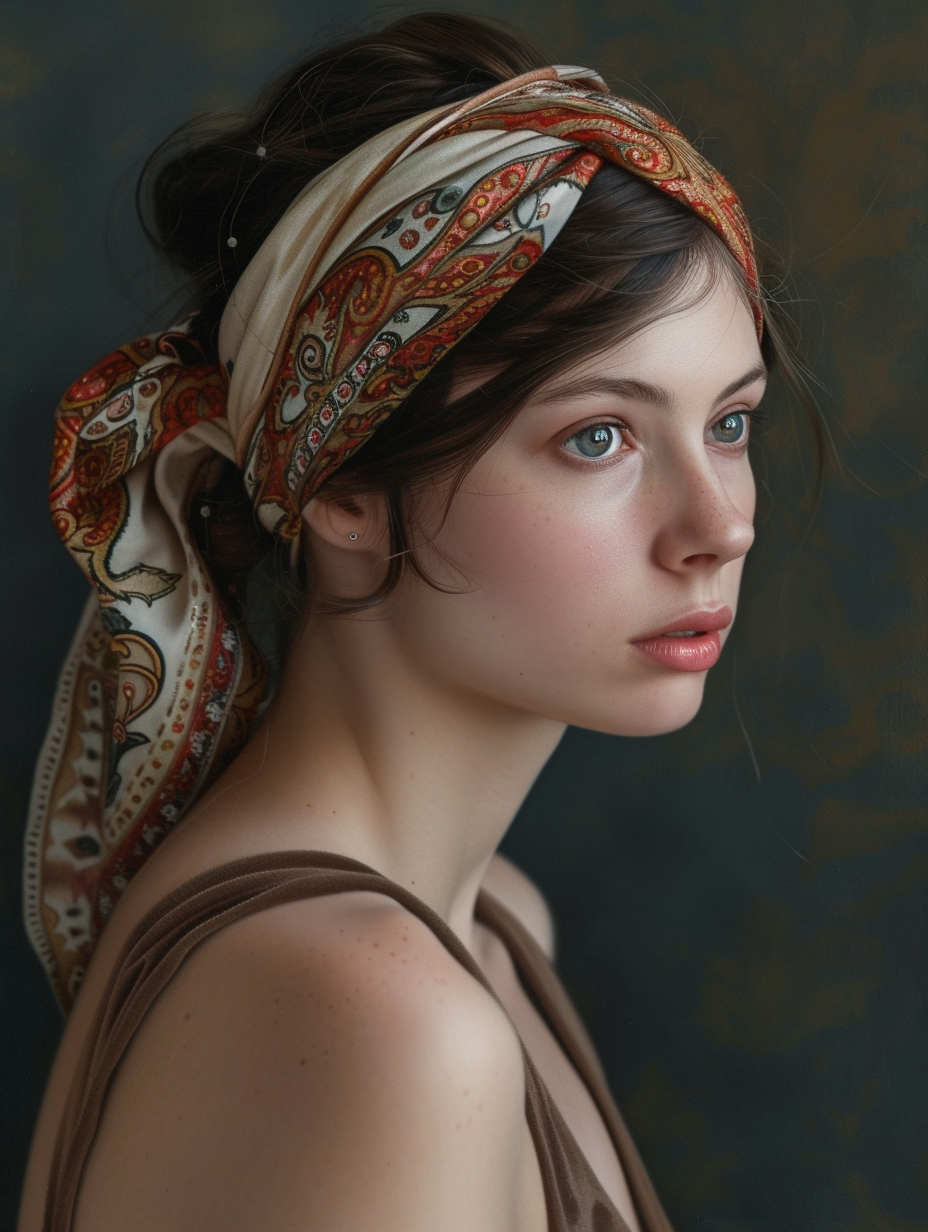 A woman with a silk scarf tied as an embellished headband