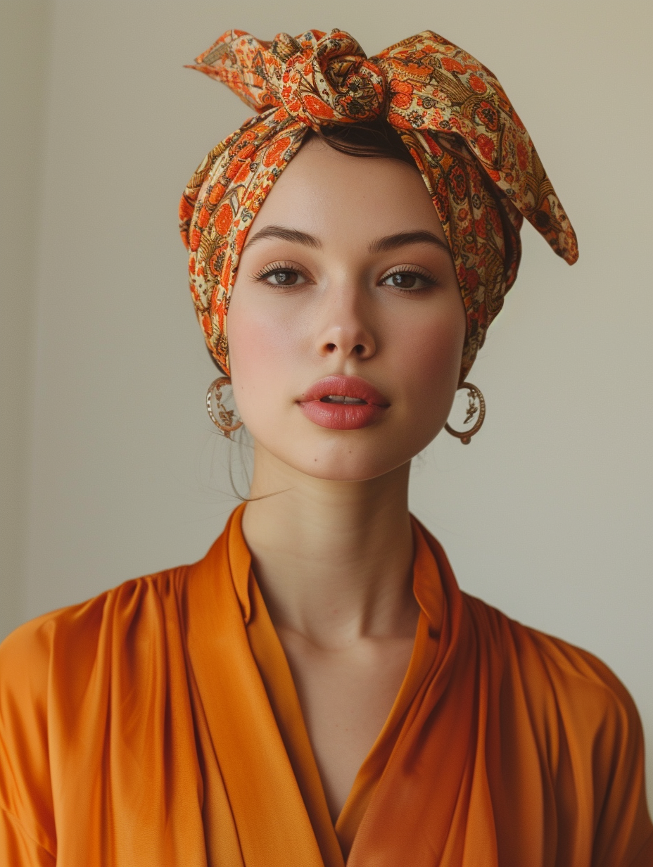 A woman with a silk scarf twirled into a retro-inspired turban with a side knot
