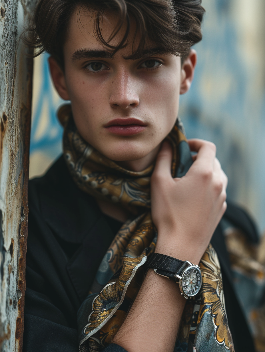 A young man with a silk scarf as a wrist wrap with a trusty watch poking out