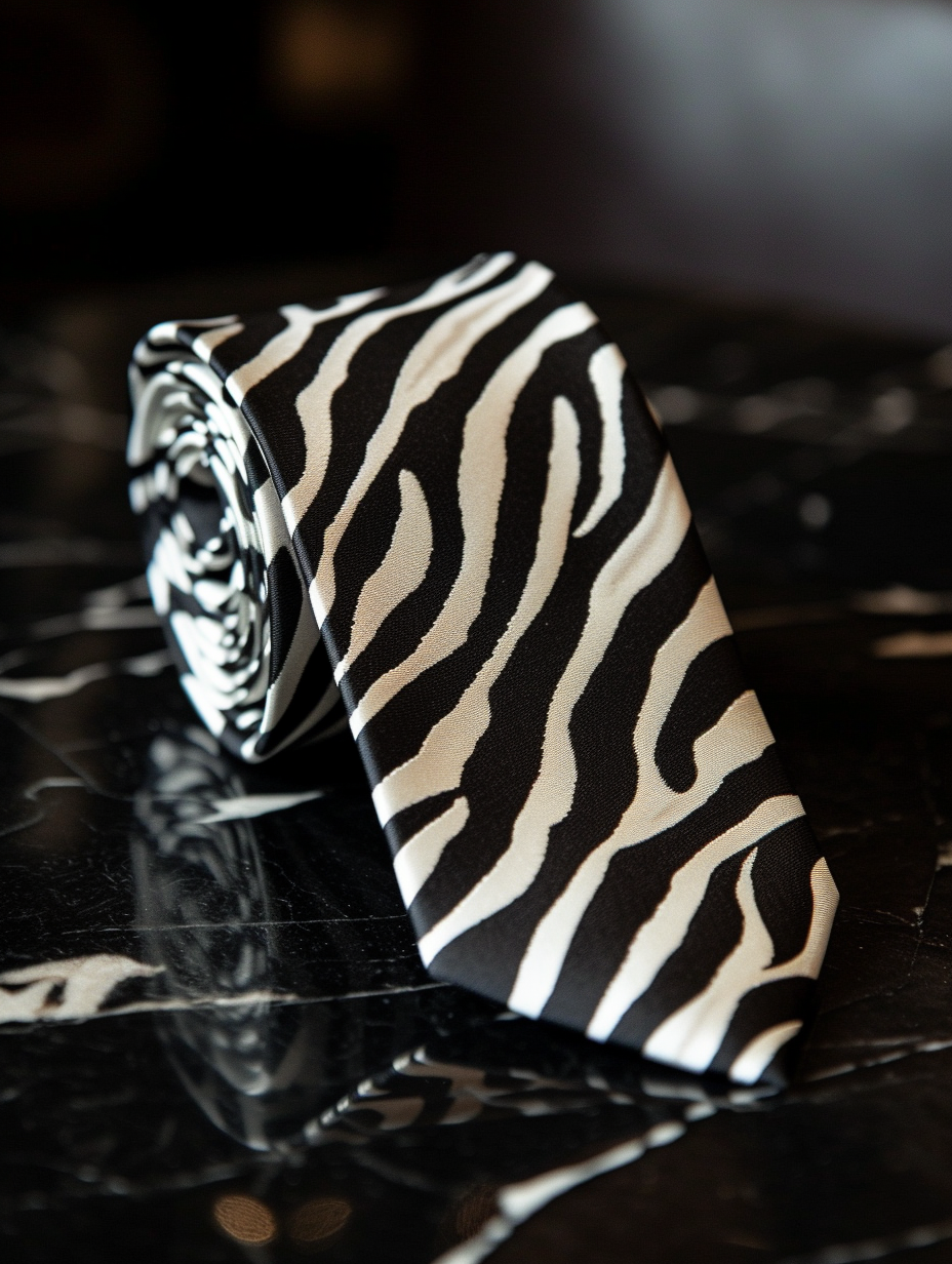 A zebra print stylish tie on a black table