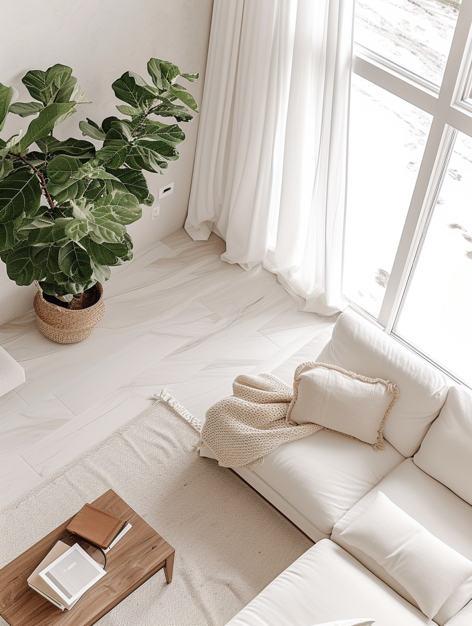 Aerial view of a minimalist white living room adorned with a fiddle leaf fig by the window, creating a serene, airy atmosphere