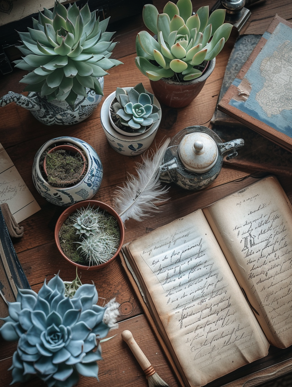 An aerial view of a vintage study desk with an attractive presentation of succulent plants in different types of ceramic pots, accentuated with a classic quill pen and remnants of lost letters