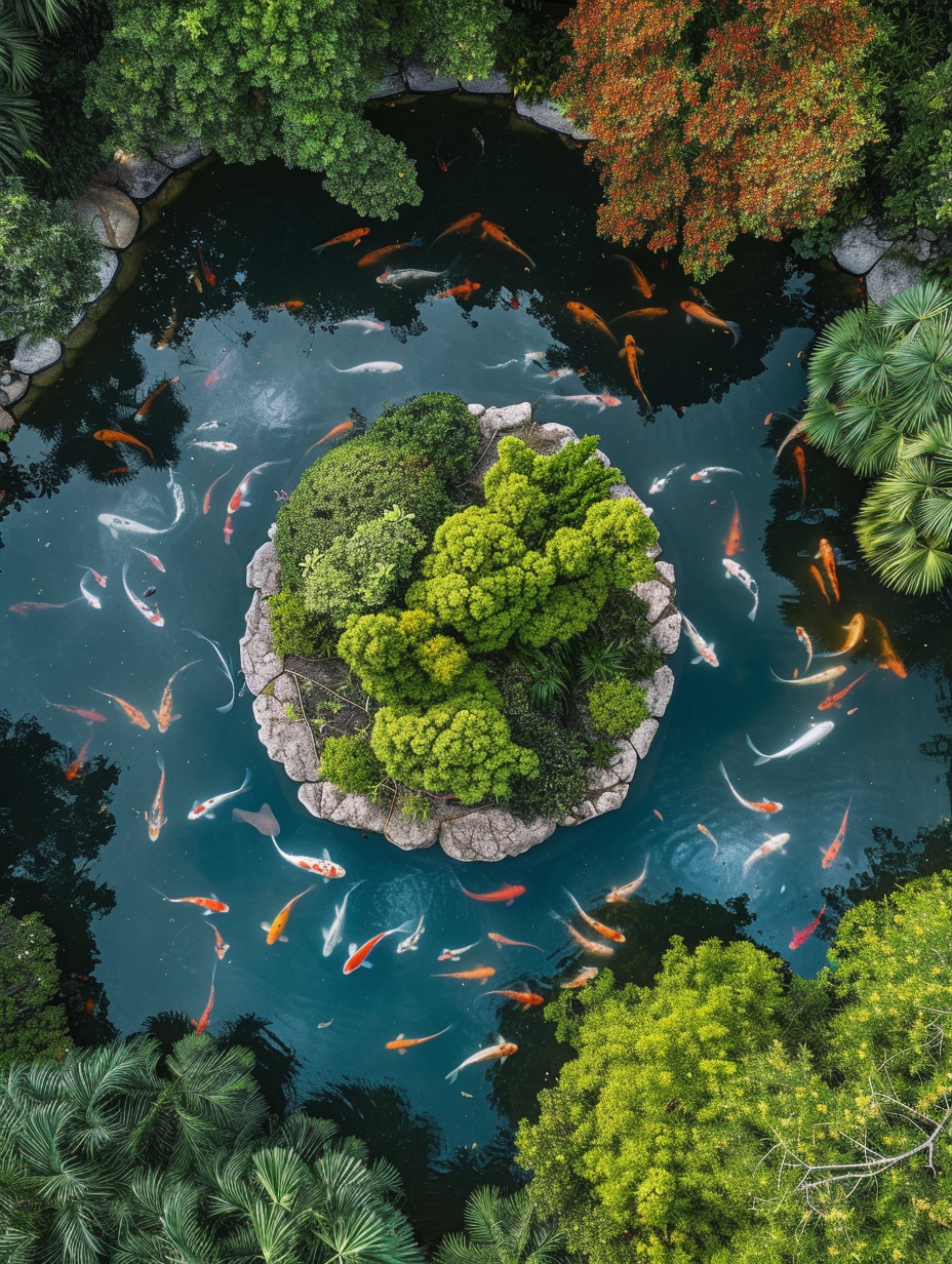 An aerial view of koi pond surrounding a middle island in calm garden