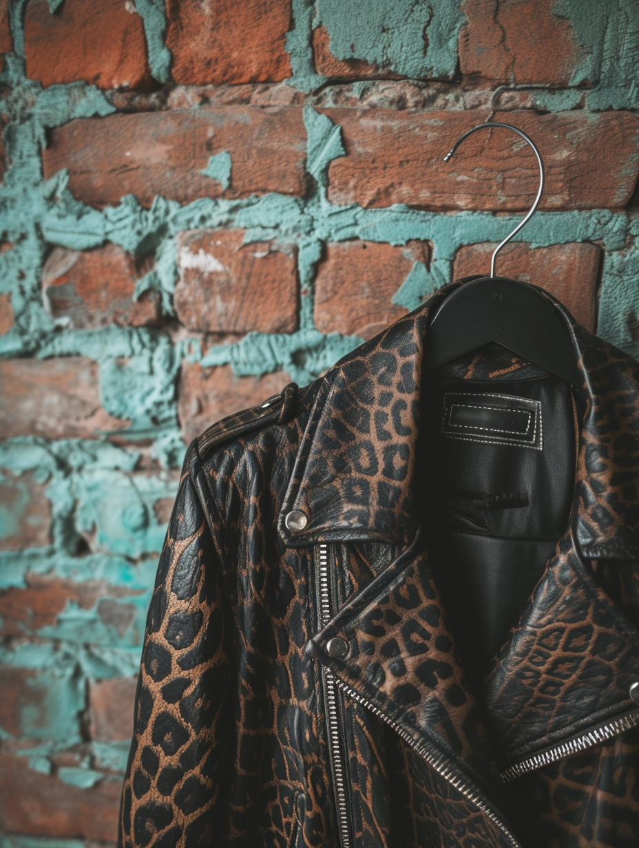 An alligator print leather jacket on a hanger against a brick wall

A leopard print fashionable headband against a pop color background