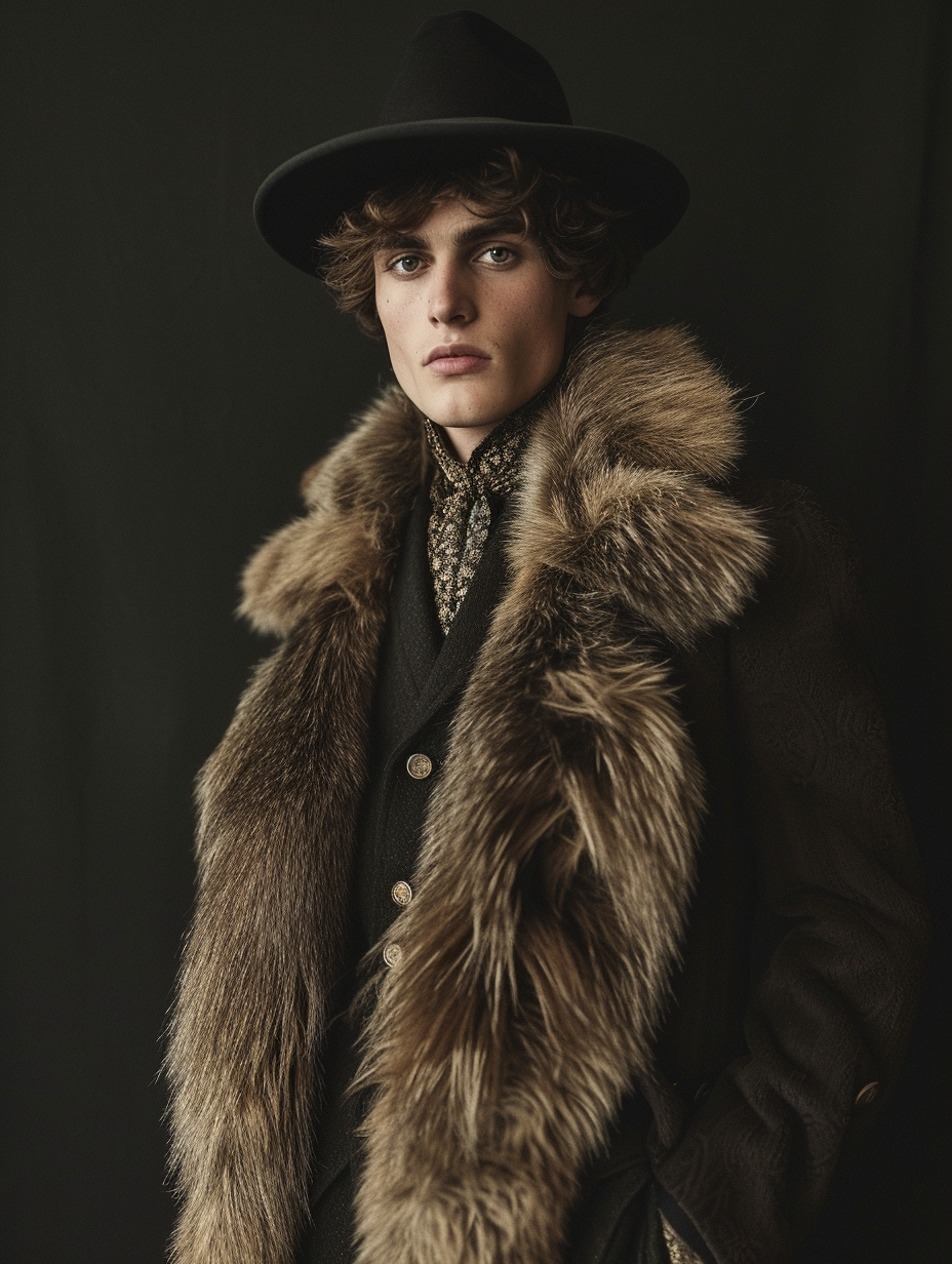An androgynous outfit with a focus on luxurious fur elements
