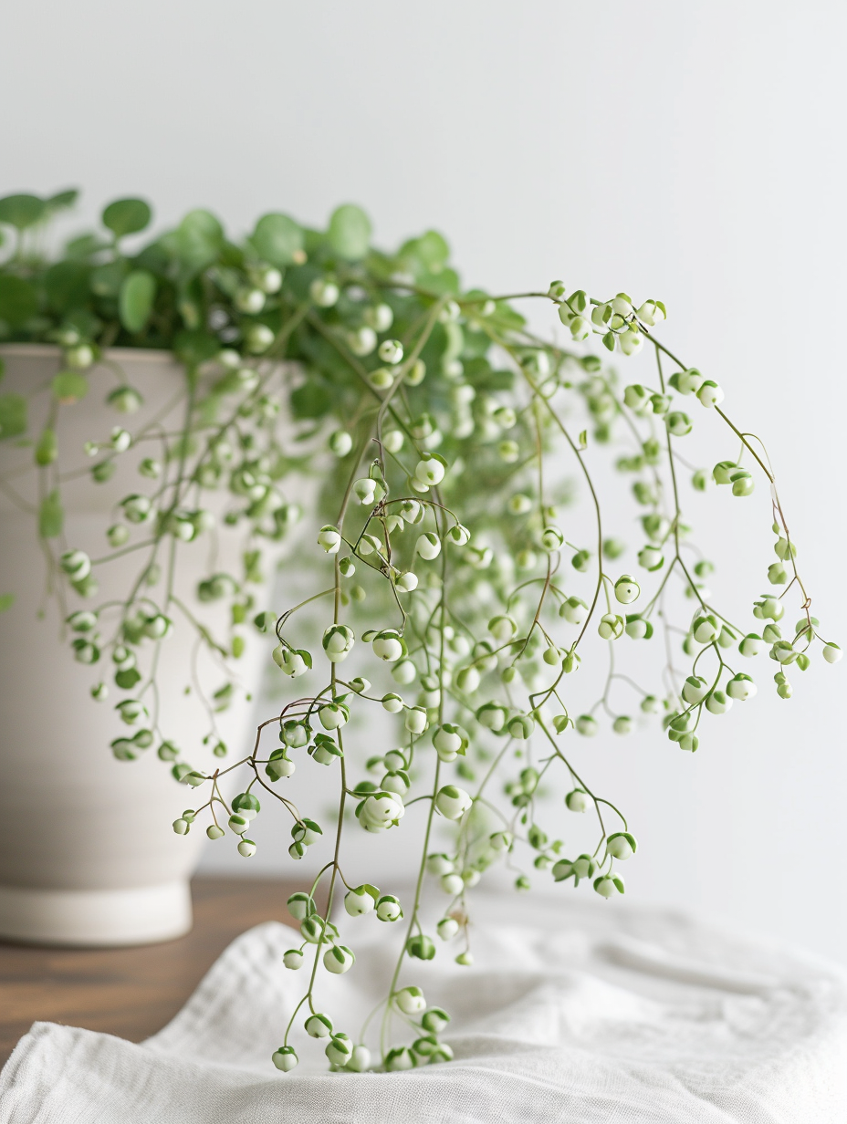 An arrangement of String of Pearls plant in a minimalistic setting with a white background