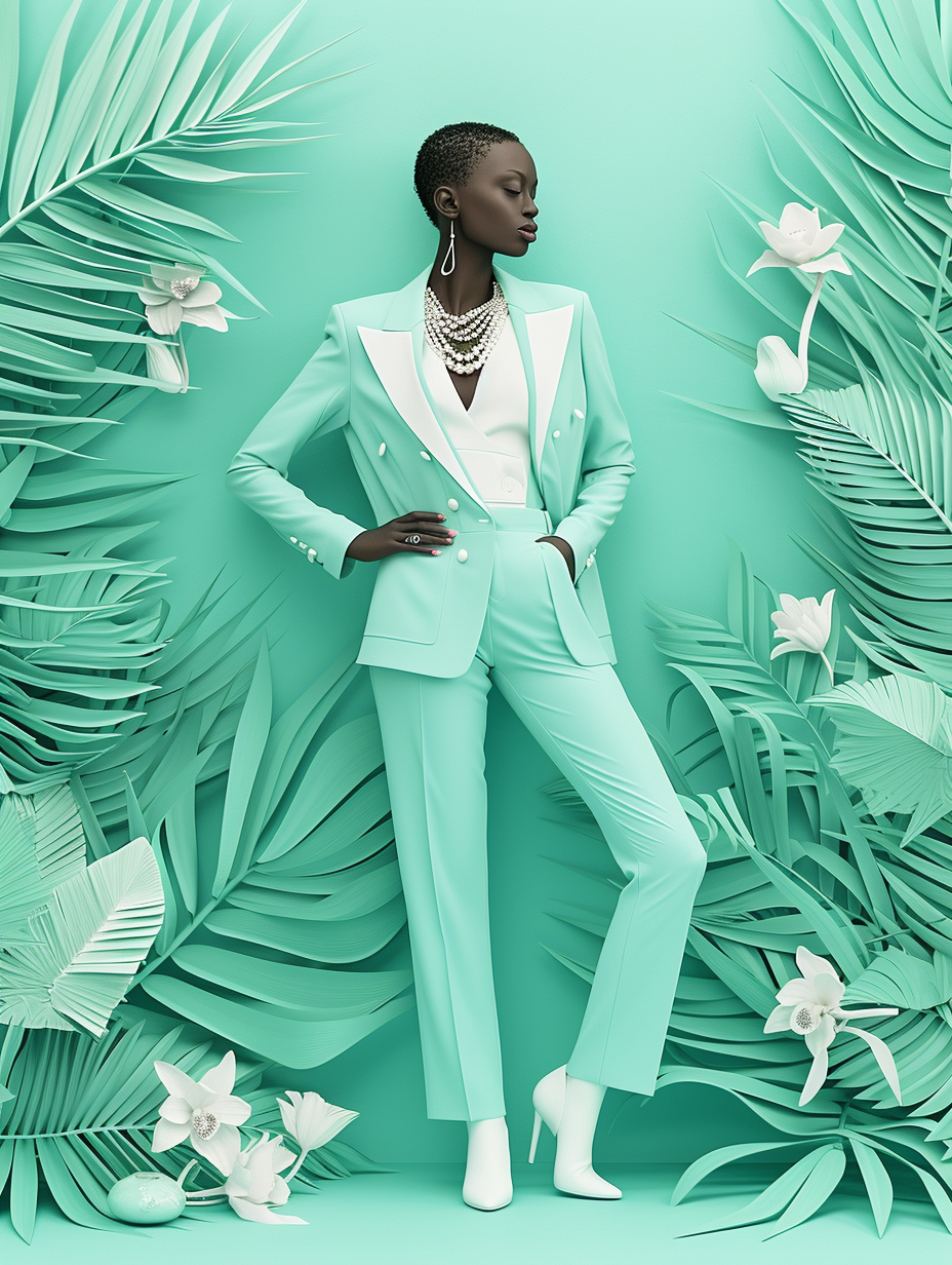 An artistic representation of a modern monochrome mint spring outfit comprising of a mint pantsuit, white top, and statement jewelries set against a mint-themed backdrop --ar 3:4