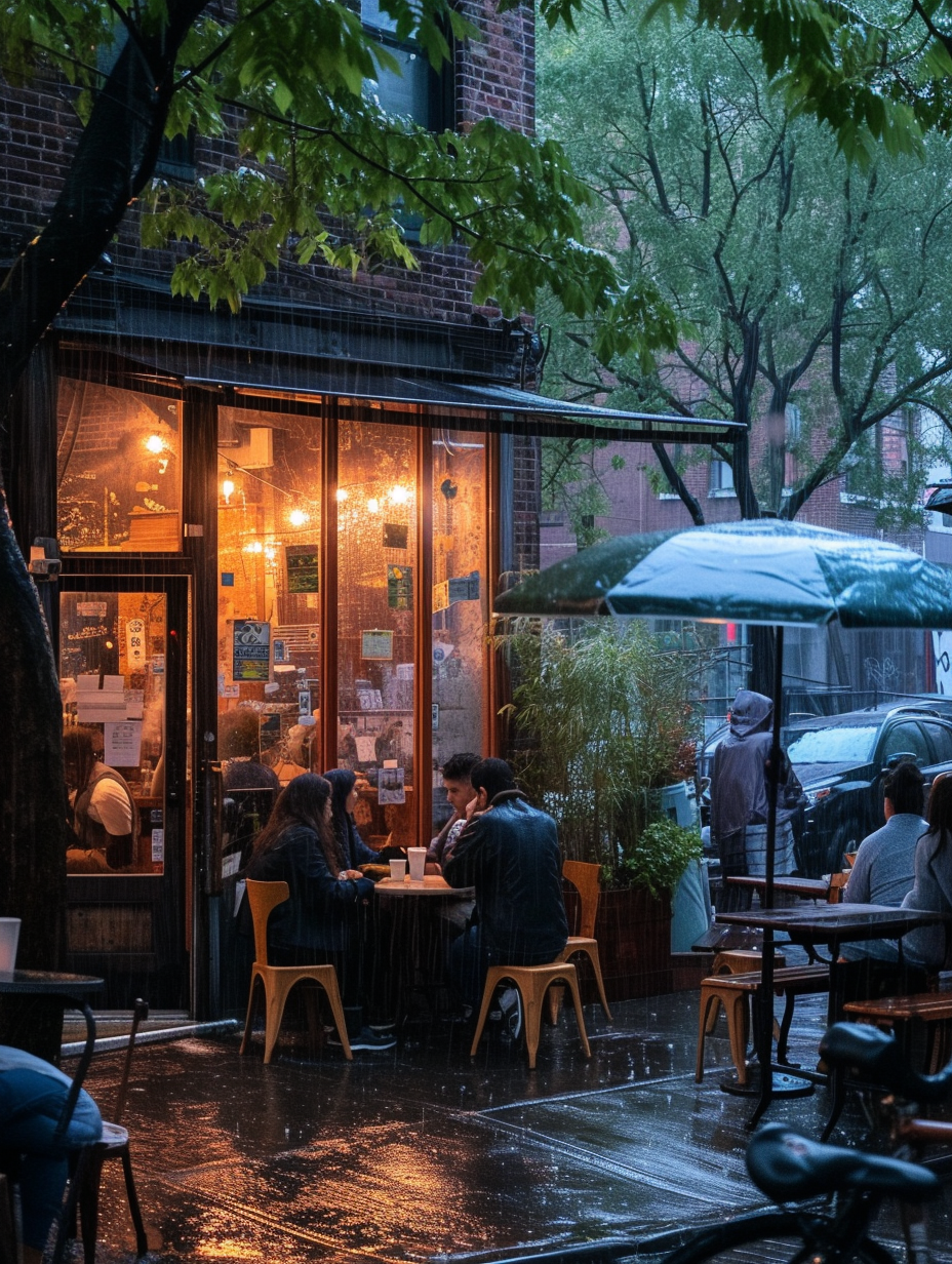 An artsy Brooklyn-inspired coffee shop crowded with New York's hipsters and artists during a rainy evening.
